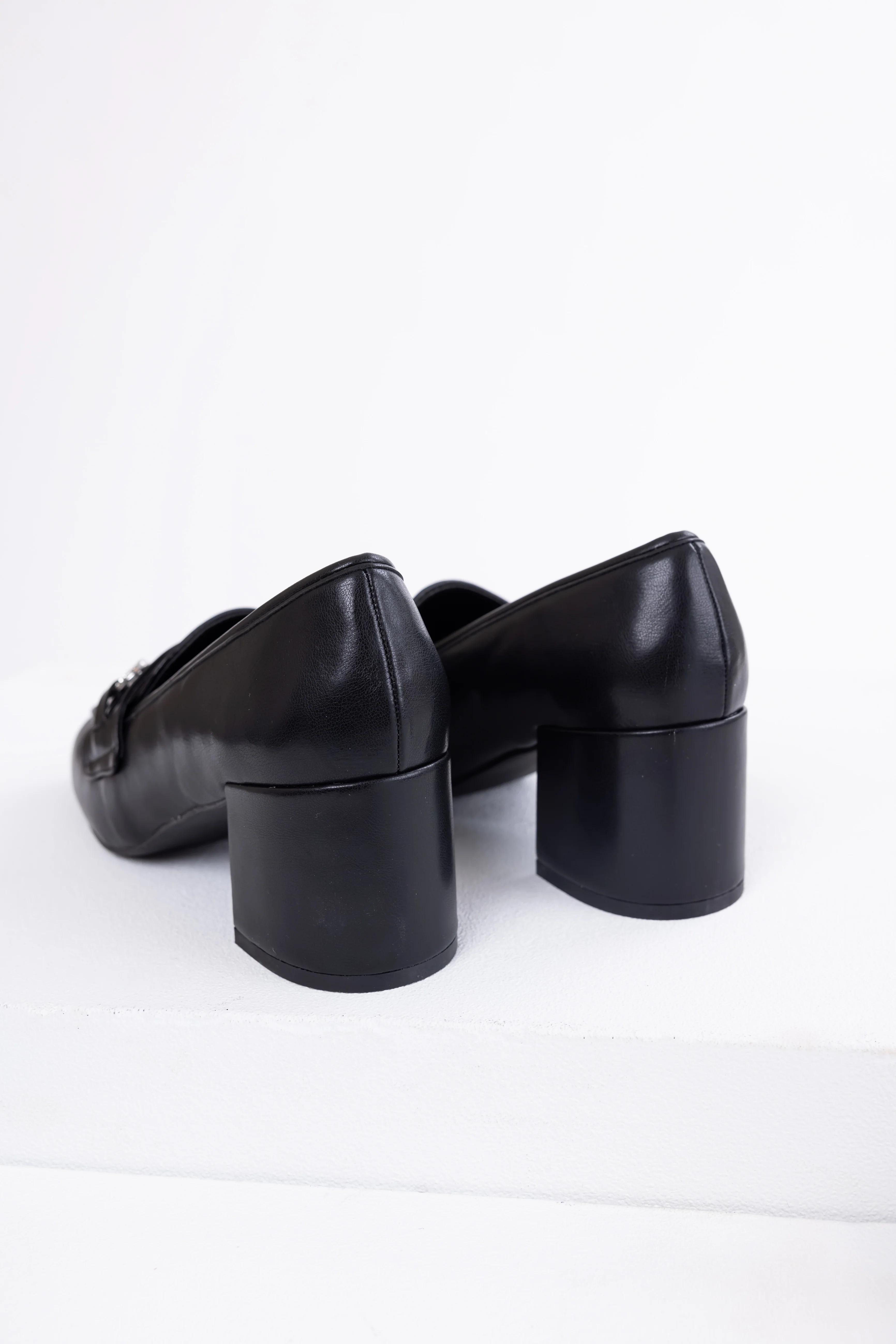 Black Faux Leather Block Heel Loafers - Image 4