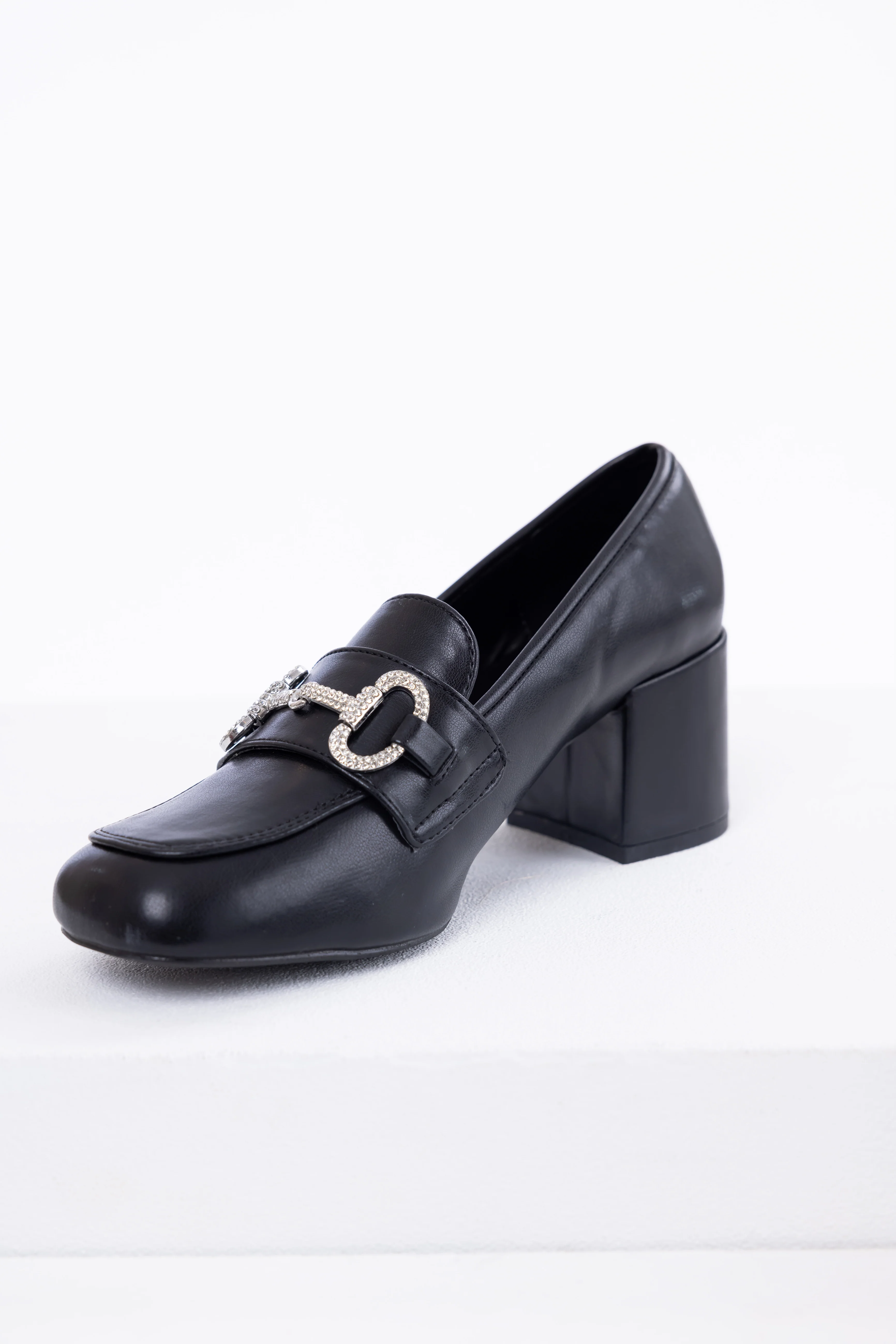 Black Faux Leather Block Heel Loafers - Image 5