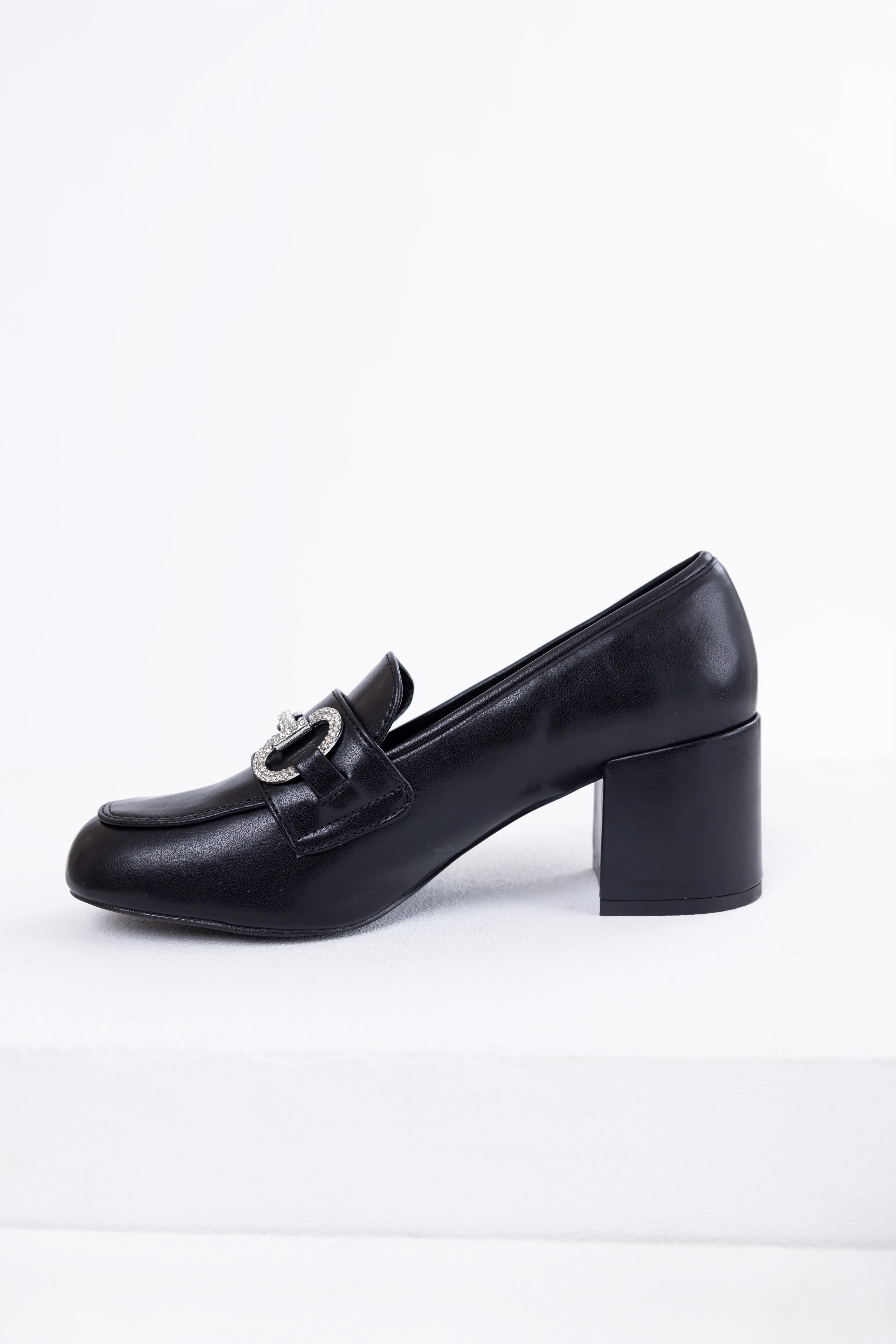 Black Faux Leather Block Heel Loafers - Image 6