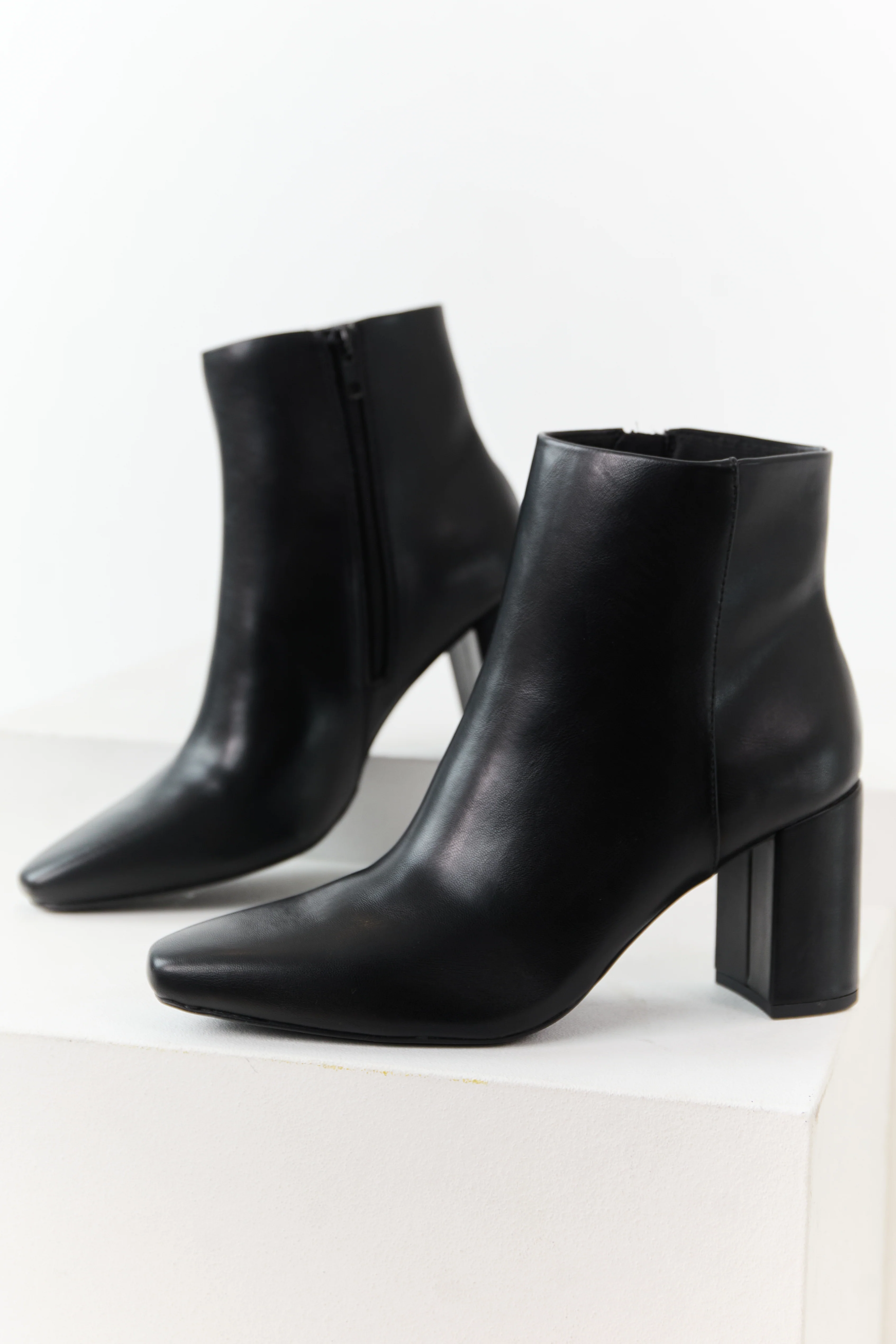 Black Faux Leather Block Heel Pointed Toe Booties