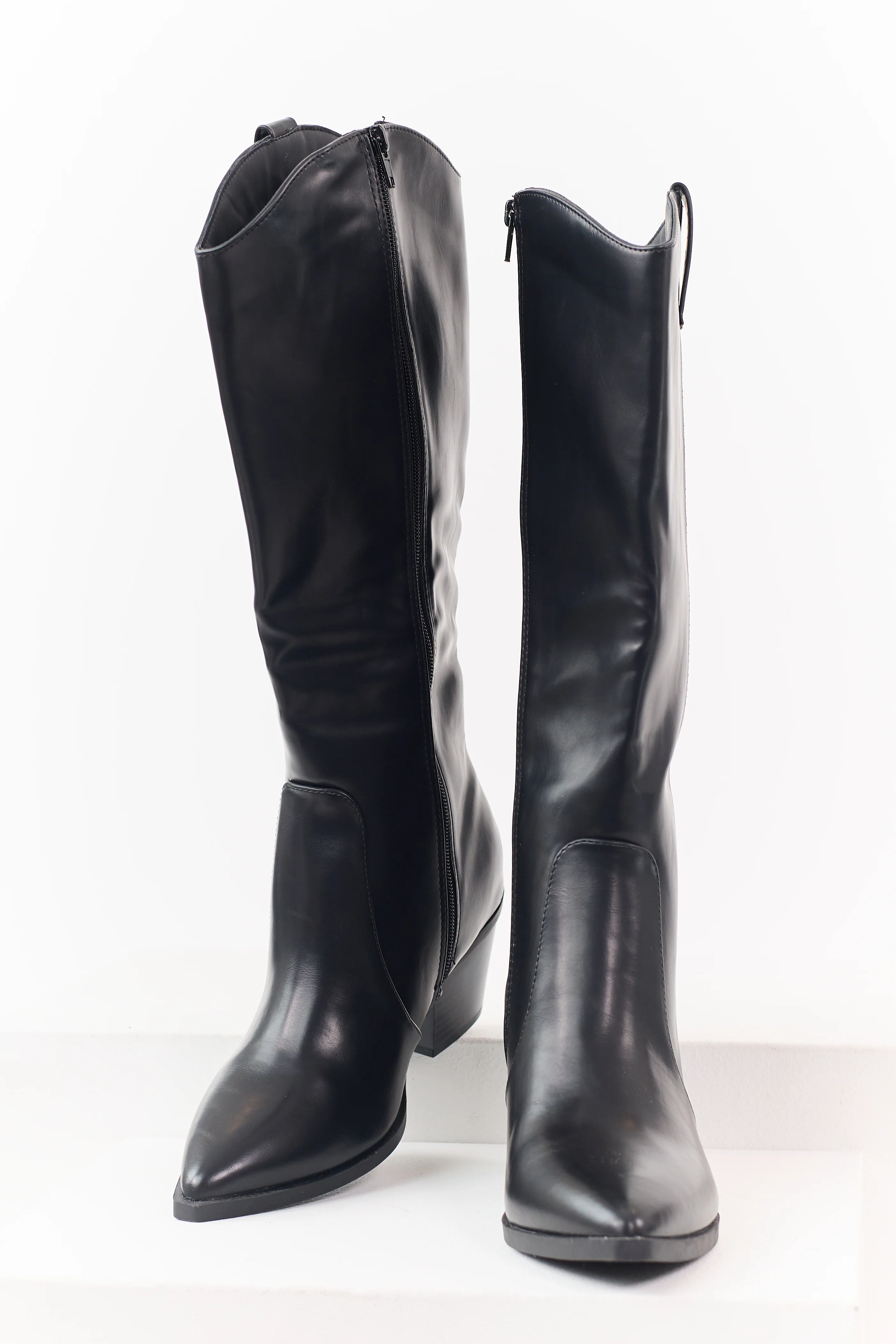 Black Faux Leather Block Heel Pointed Toe Tall Boots - Image 2