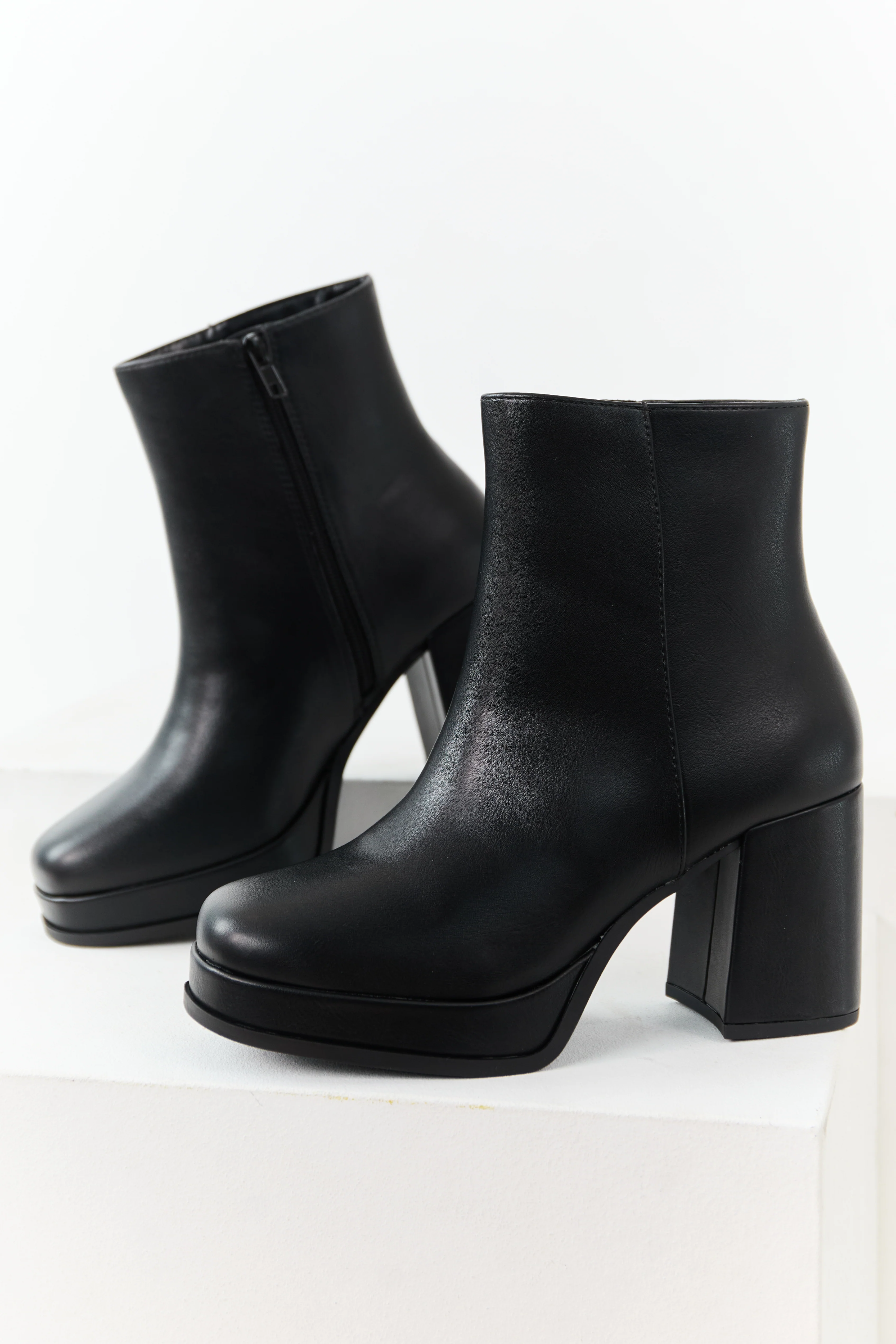 Black Faux Leather Block Heel Round Toe Booties