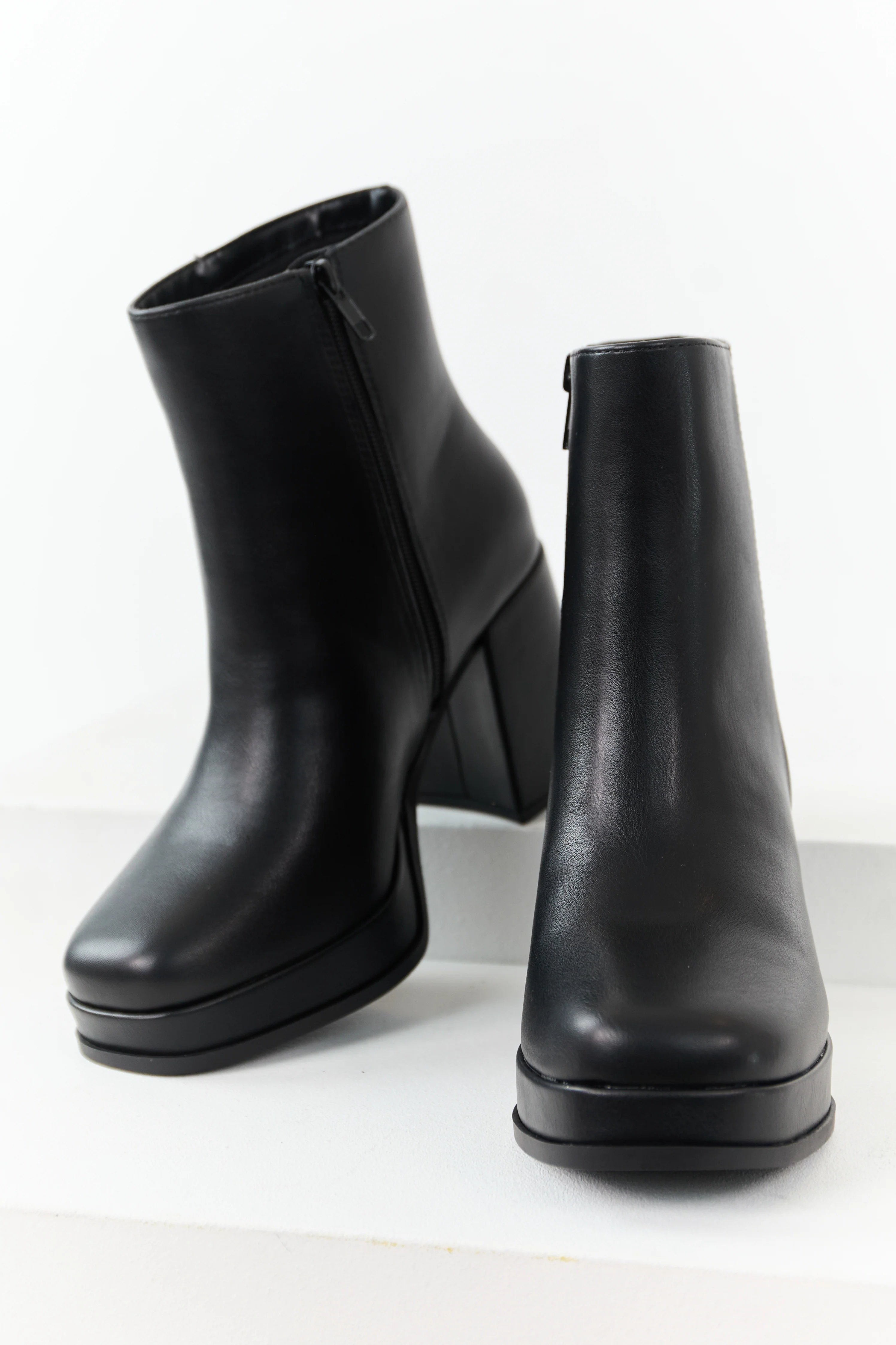 Black Faux Leather Block Heel Round Toe Booties - Image 2