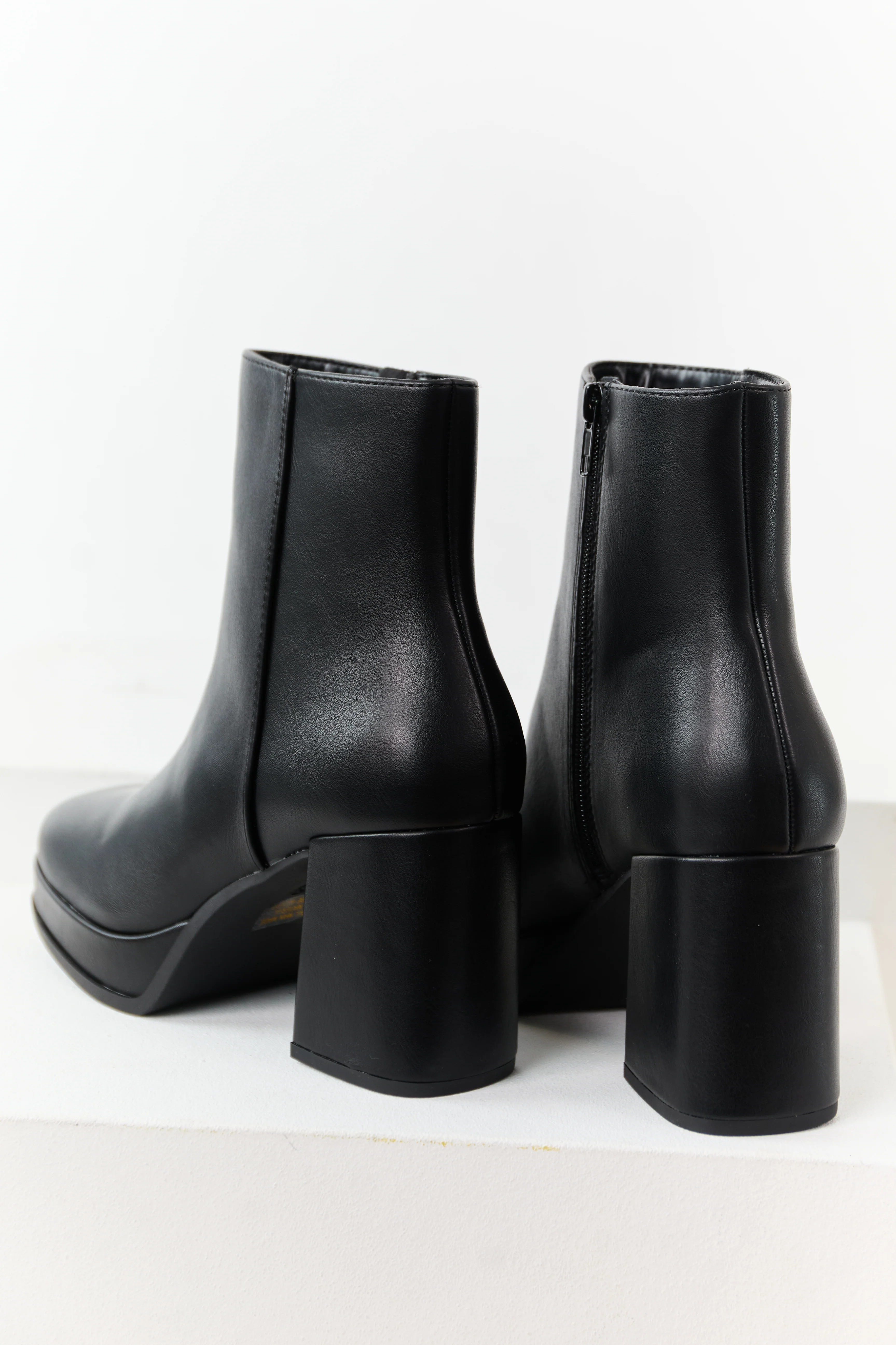 Black Faux Leather Block Heel Round Toe Booties - Image 3