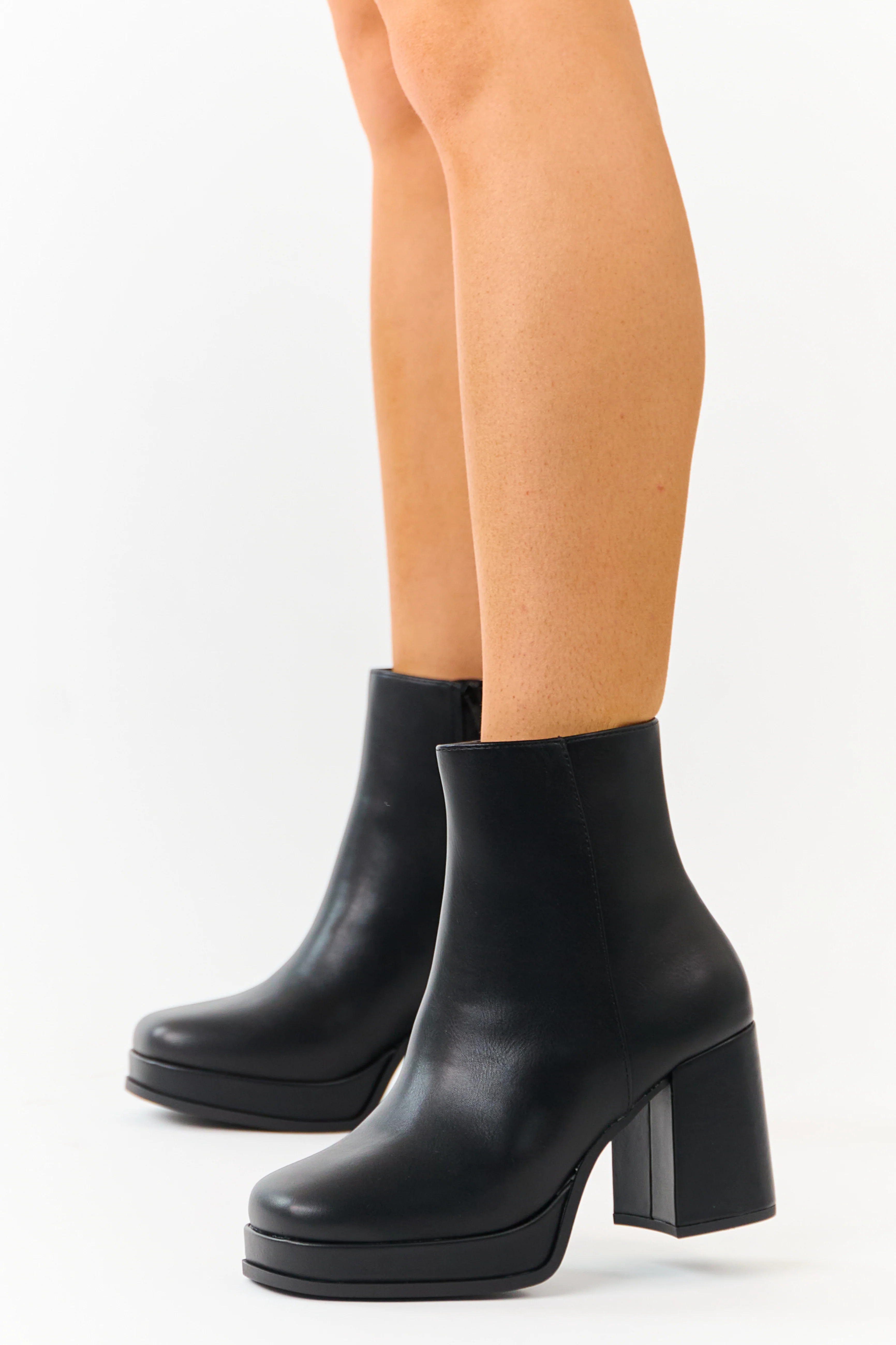 Black Faux Leather Block Heel Round Toe Booties - Image 5