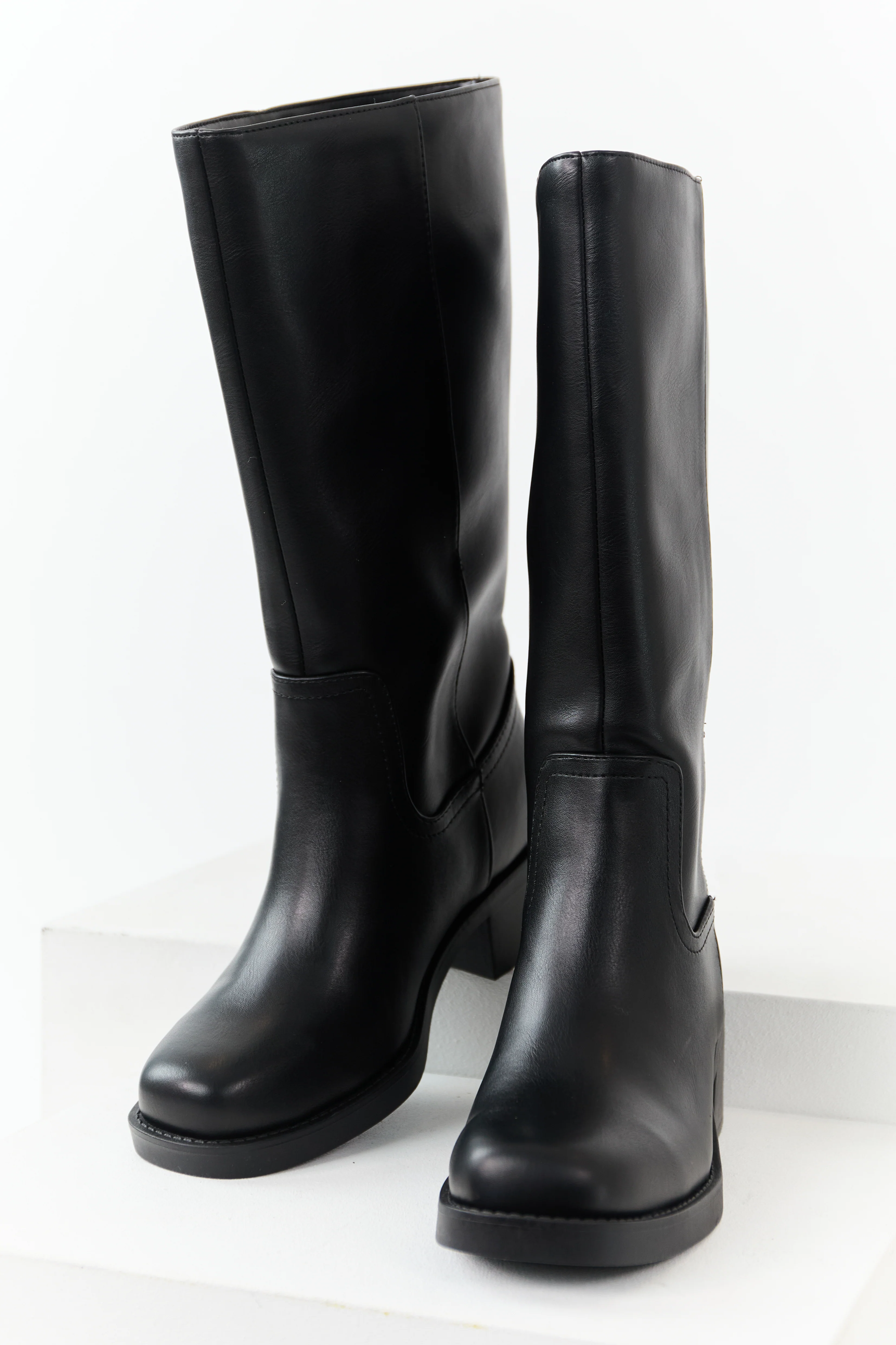 Black Faux Leather Block Heel Tall Riding Boots - Image 3