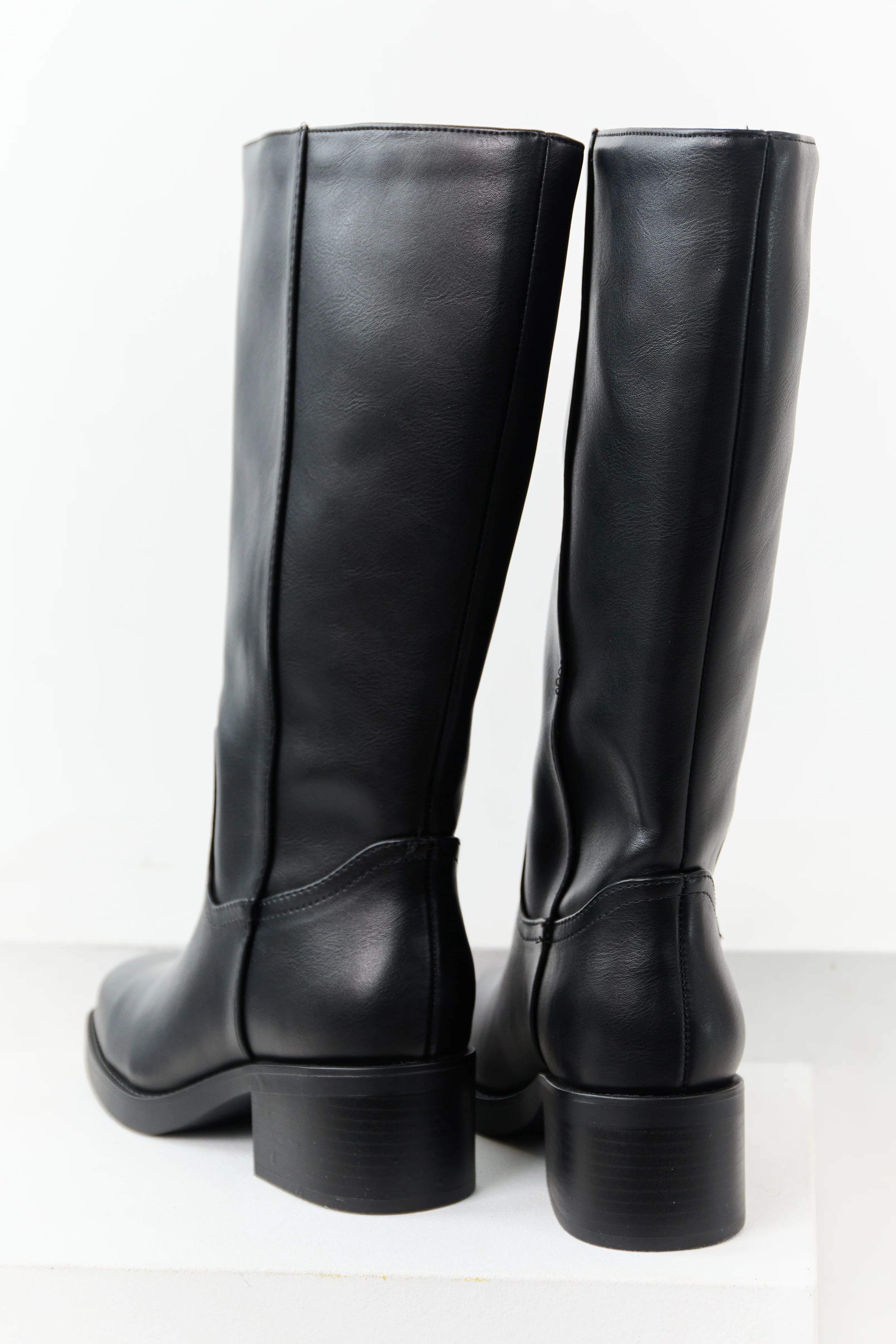 Black Faux Leather Block Heel Tall Riding Boots - Image 4