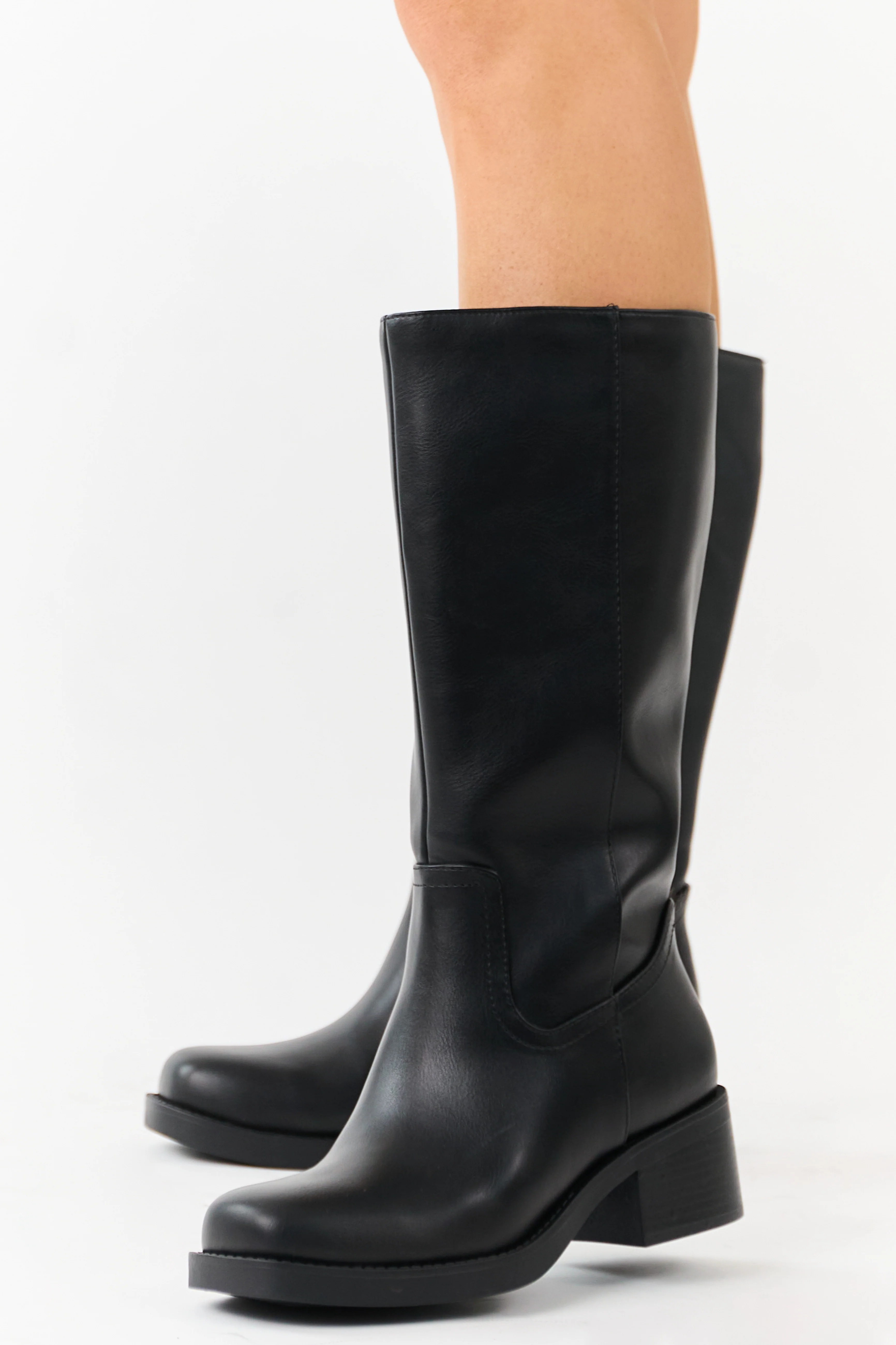 Black Faux Leather Block Heel Tall Riding Boots - Image 5
