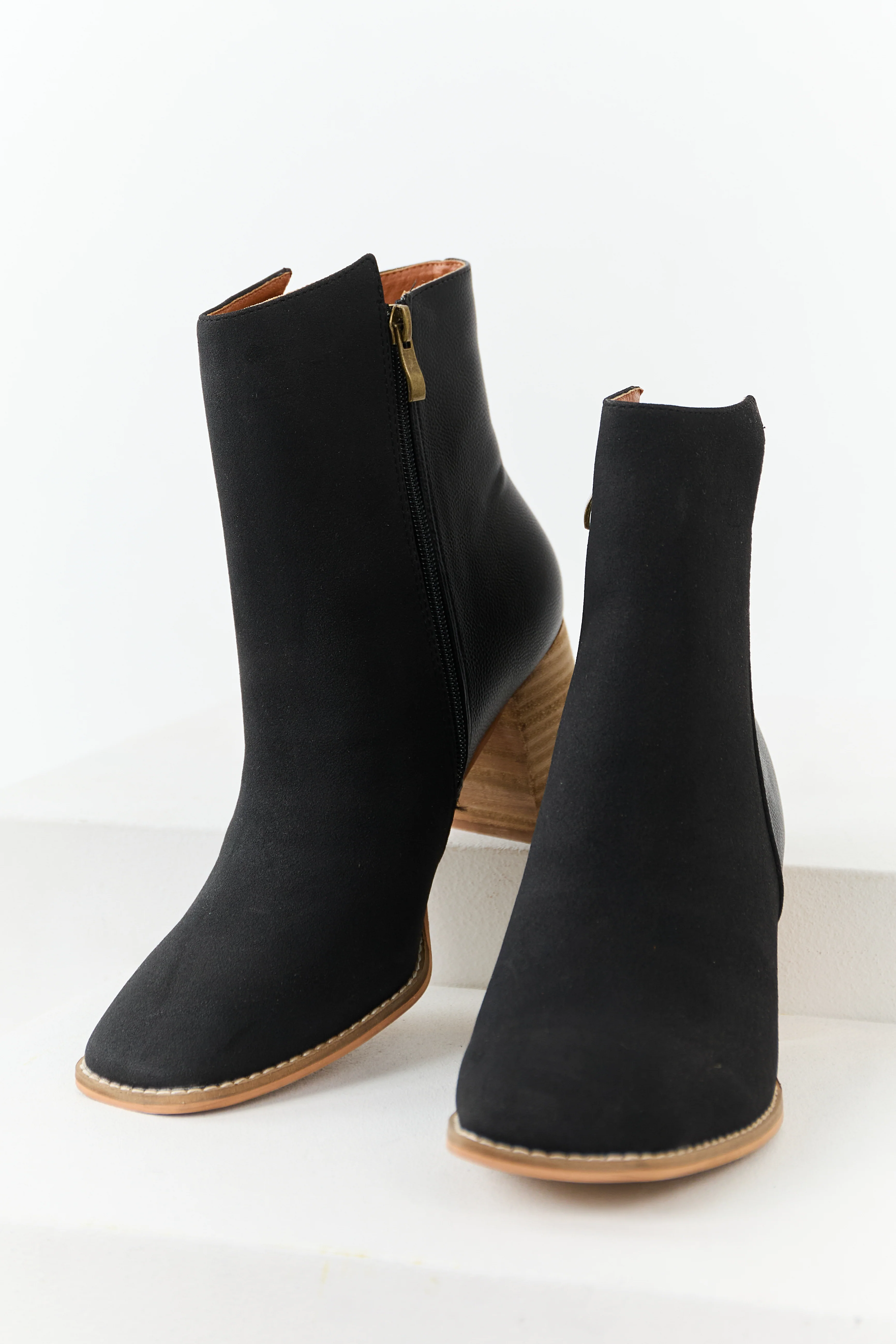 Black Faux Leather Contrast Heeled Booties - Image 2