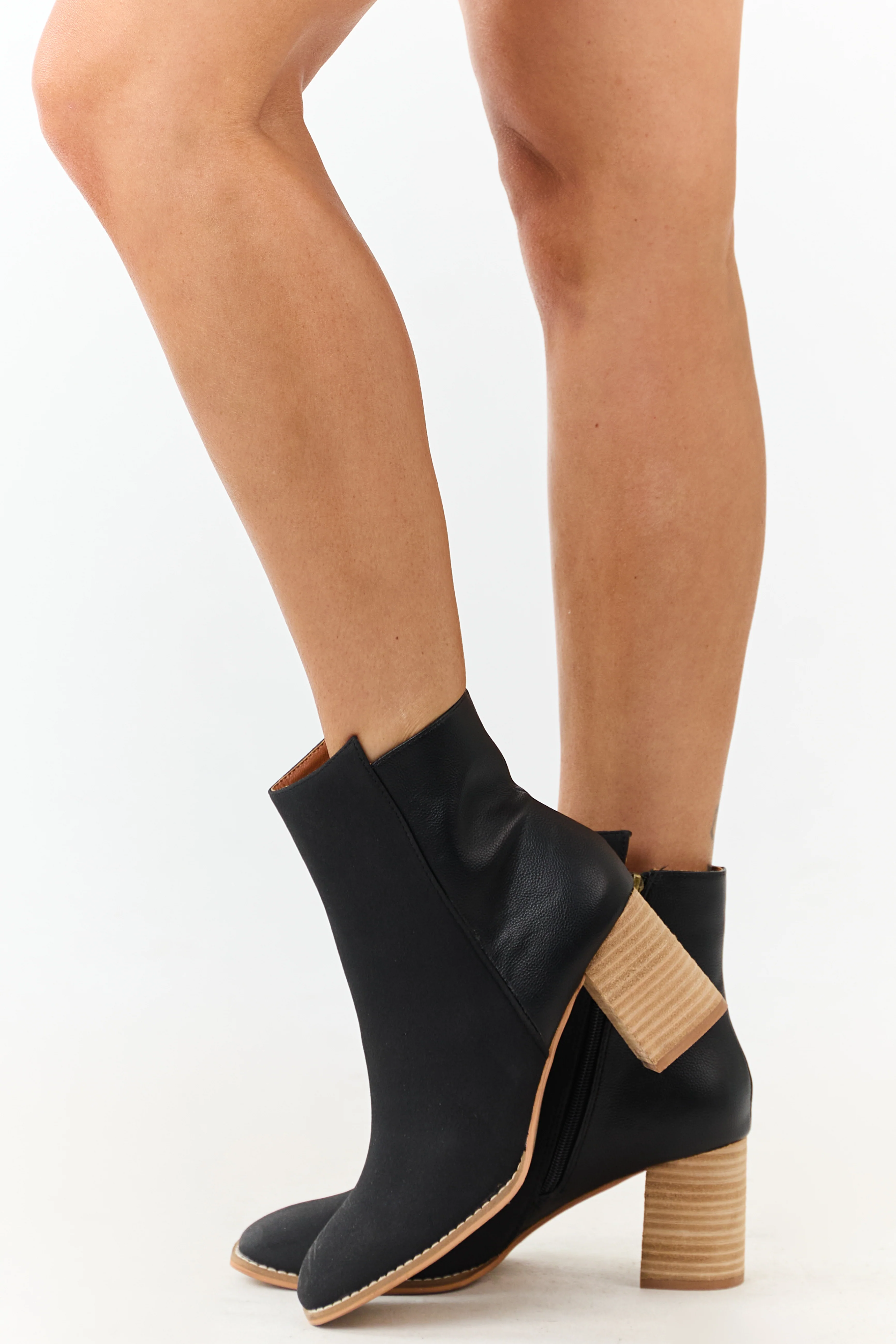 Black Faux Leather Contrast Heeled Booties - Image 5