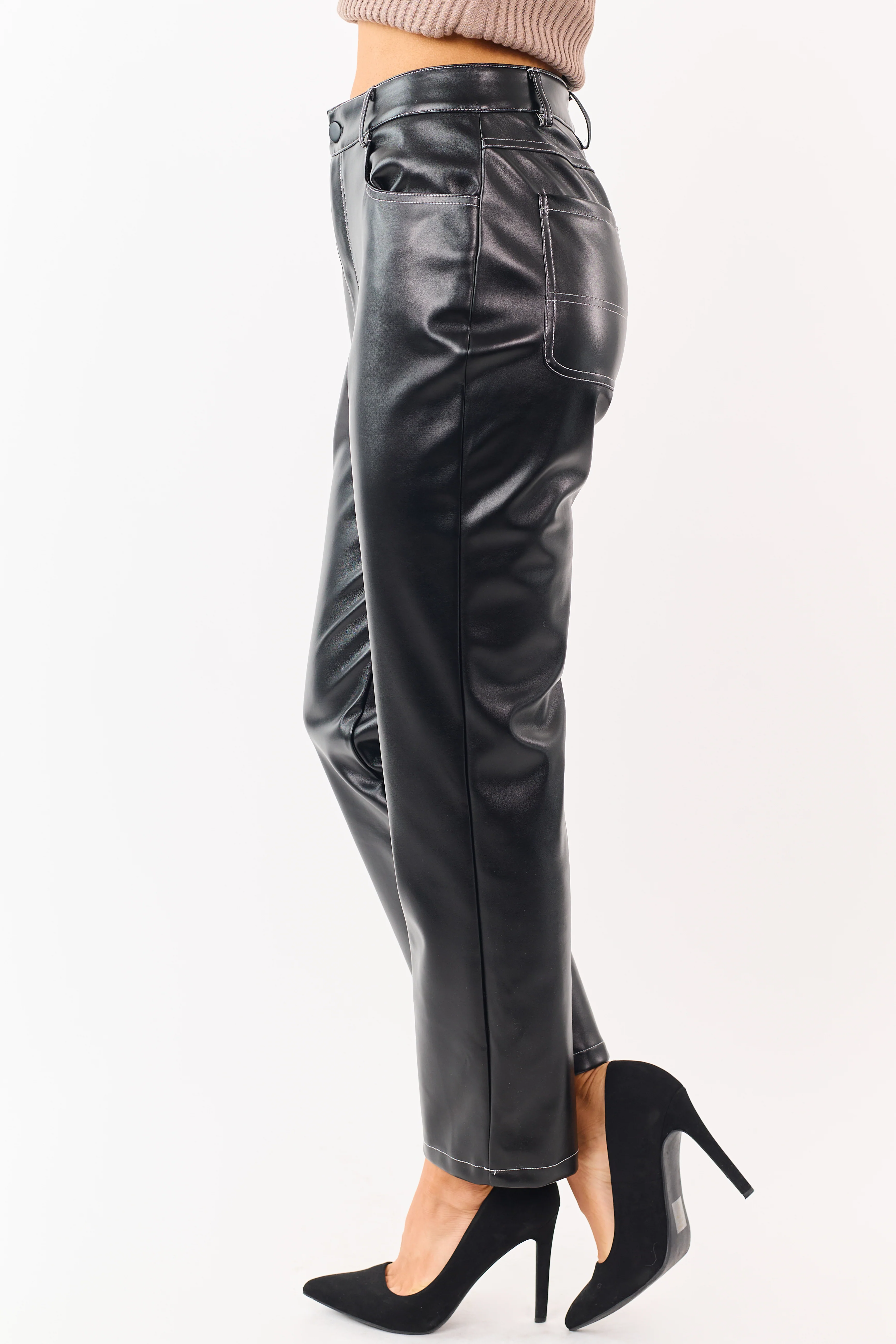 Black Faux Leather Contrast Stitch Straight Leg Pants - Image 3
