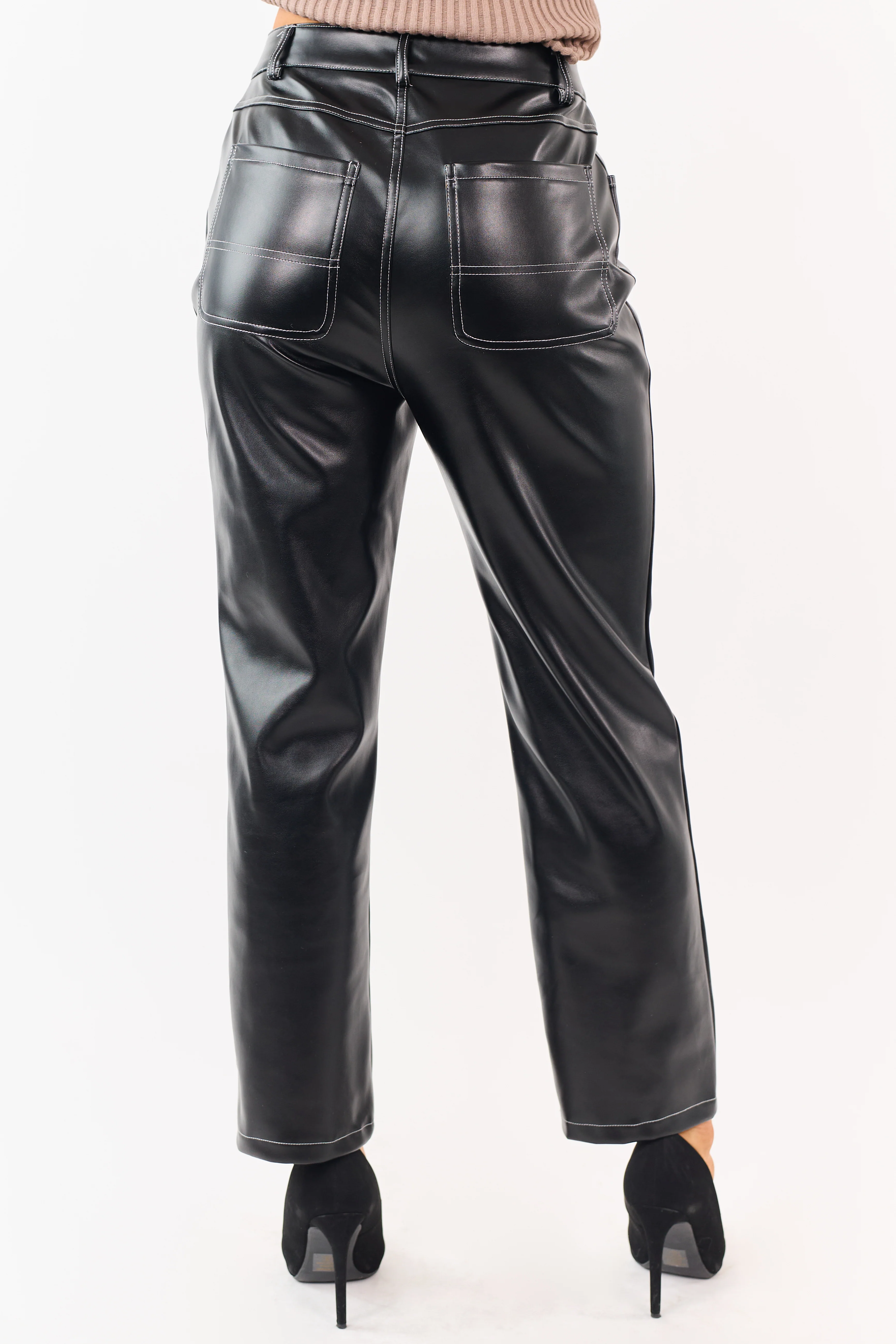 Black Faux Leather Contrast Stitch Straight Leg Pants - Image 4