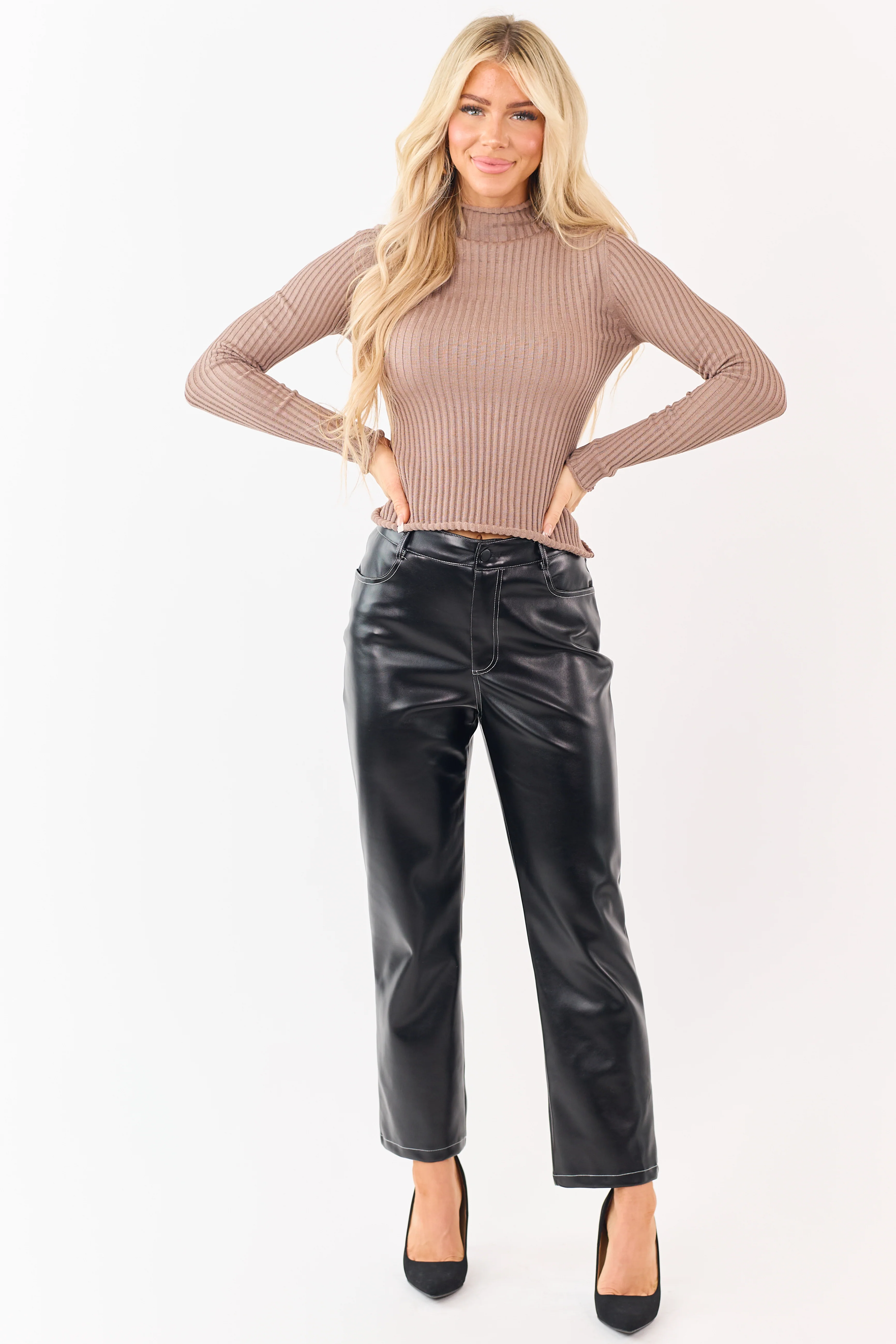 Black Faux Leather Contrast Stitch Straight Leg Pants - Image 5