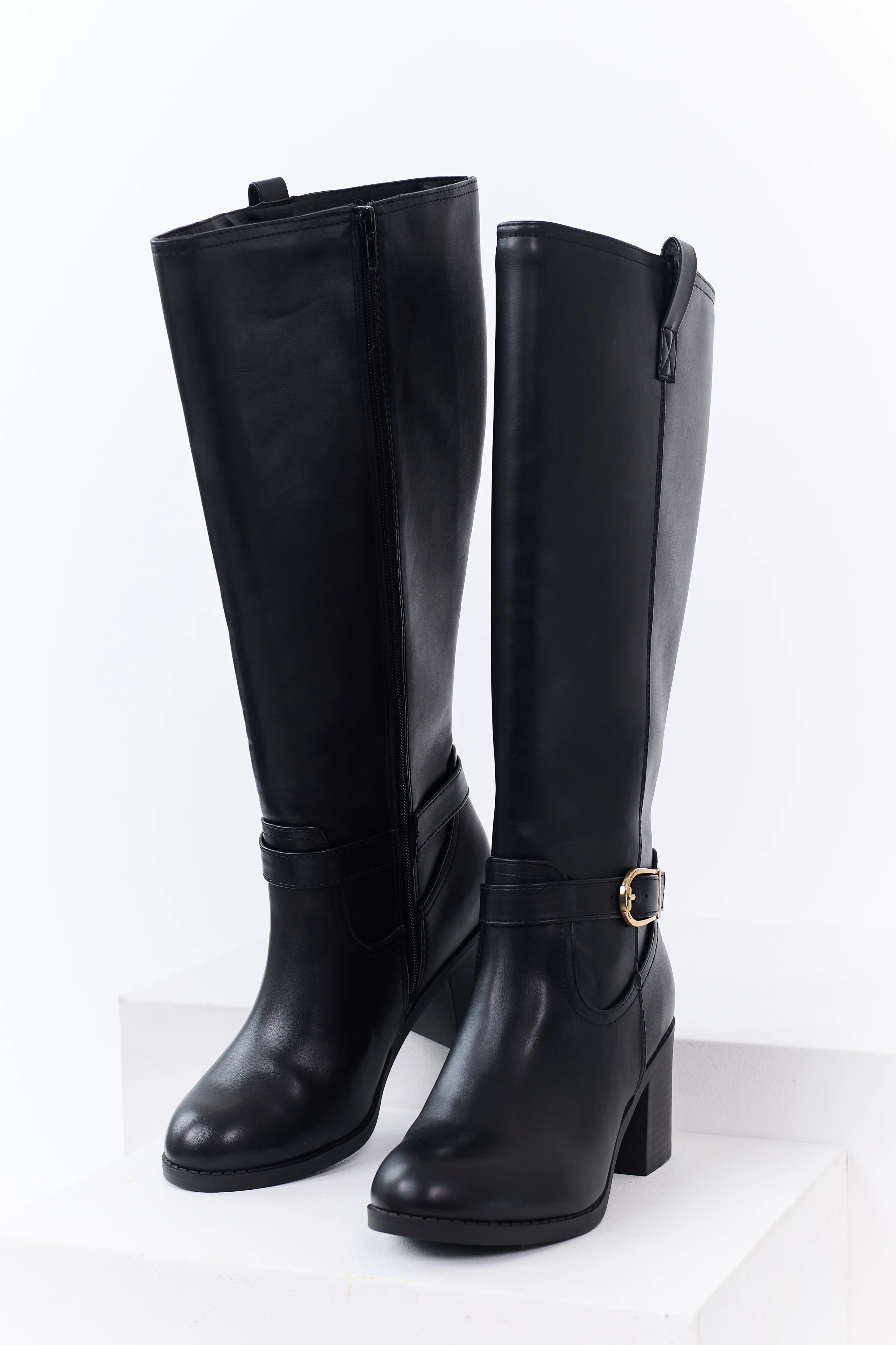 Black Faux Leather Gold Buckle Ankle Strap Boots - Image 2