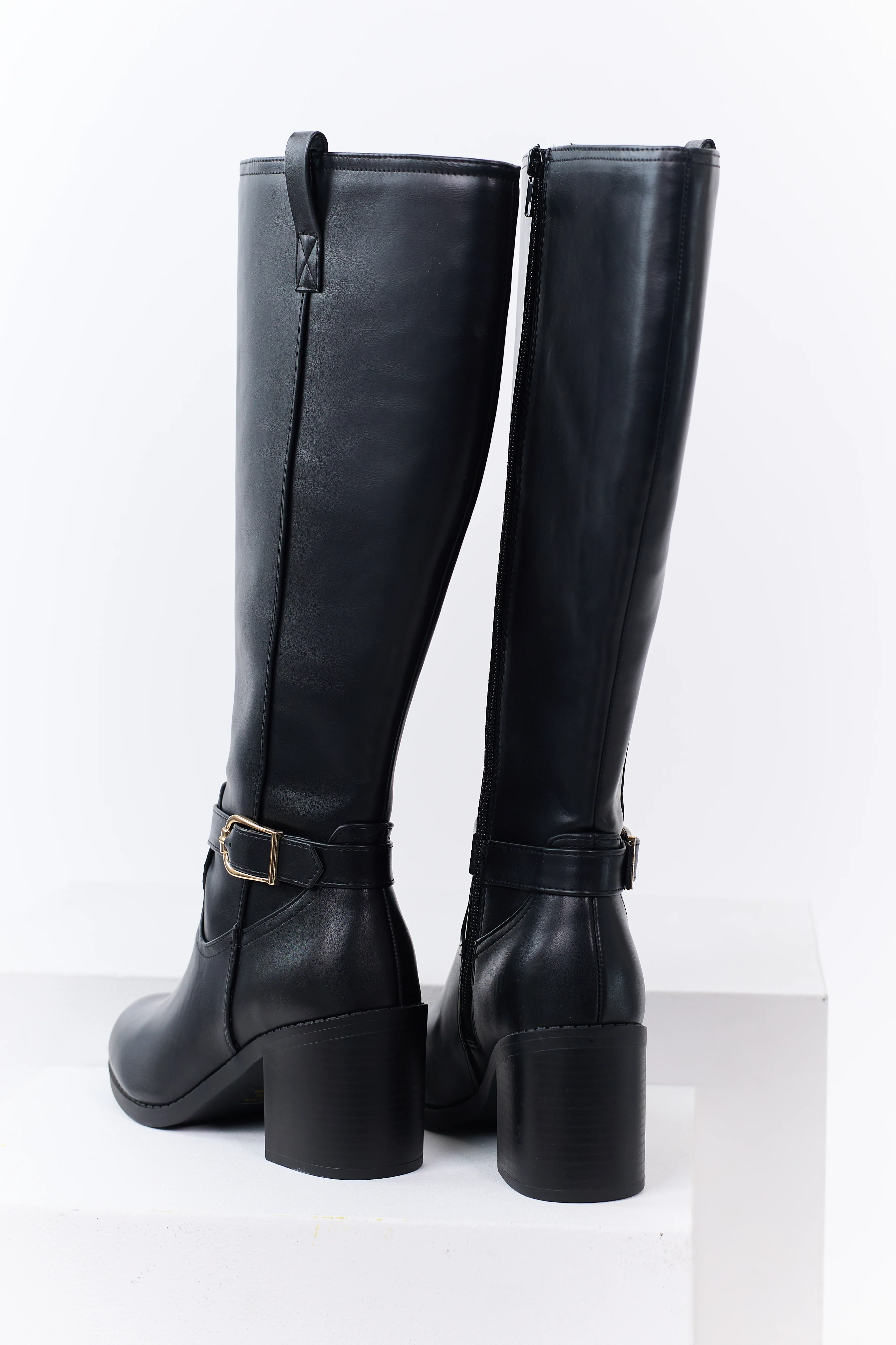 Black Faux Leather Gold Buckle Ankle Strap Boots - Image 3