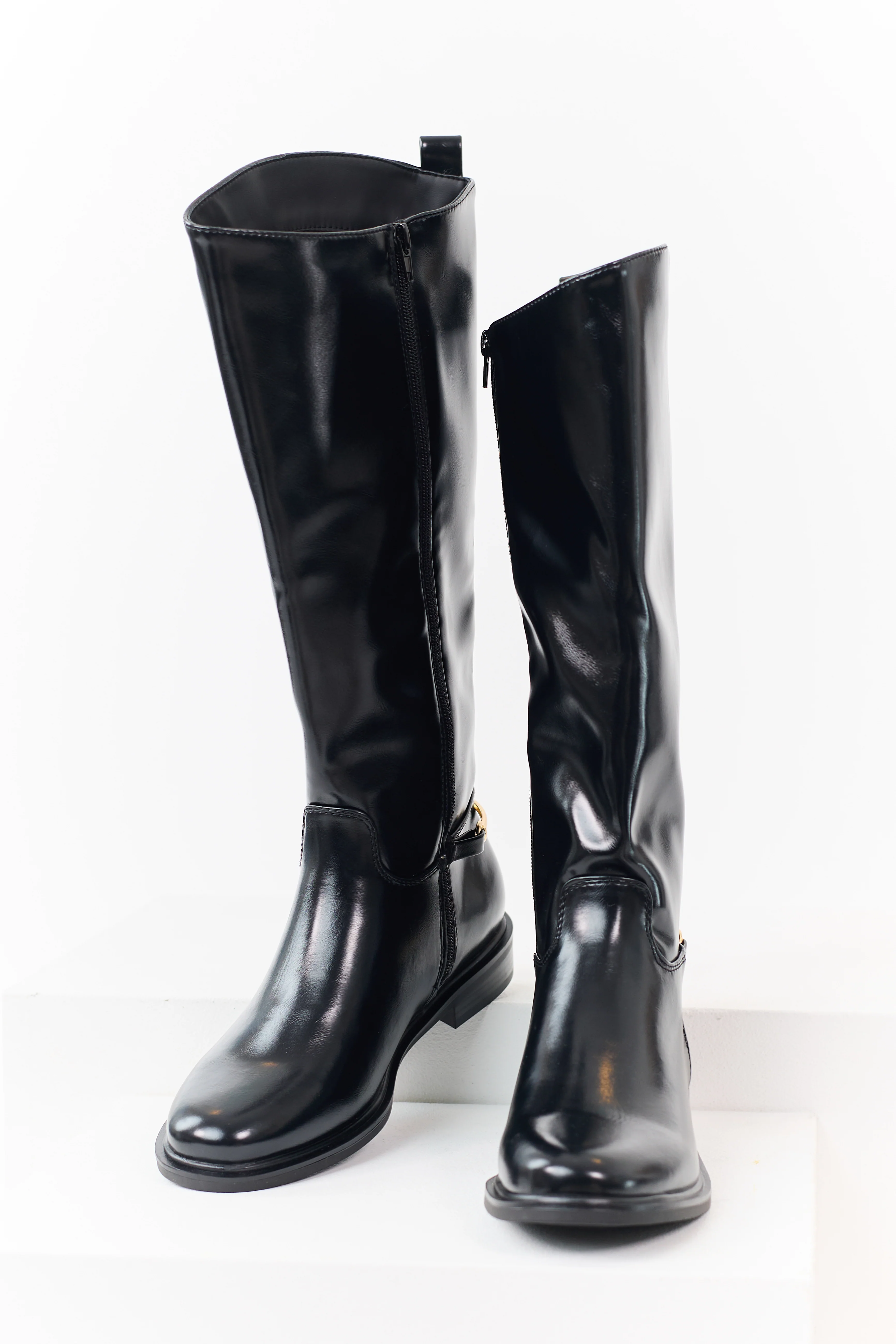 Black Faux Leather Horsebit Detail Tall Riding Boots - Image 2