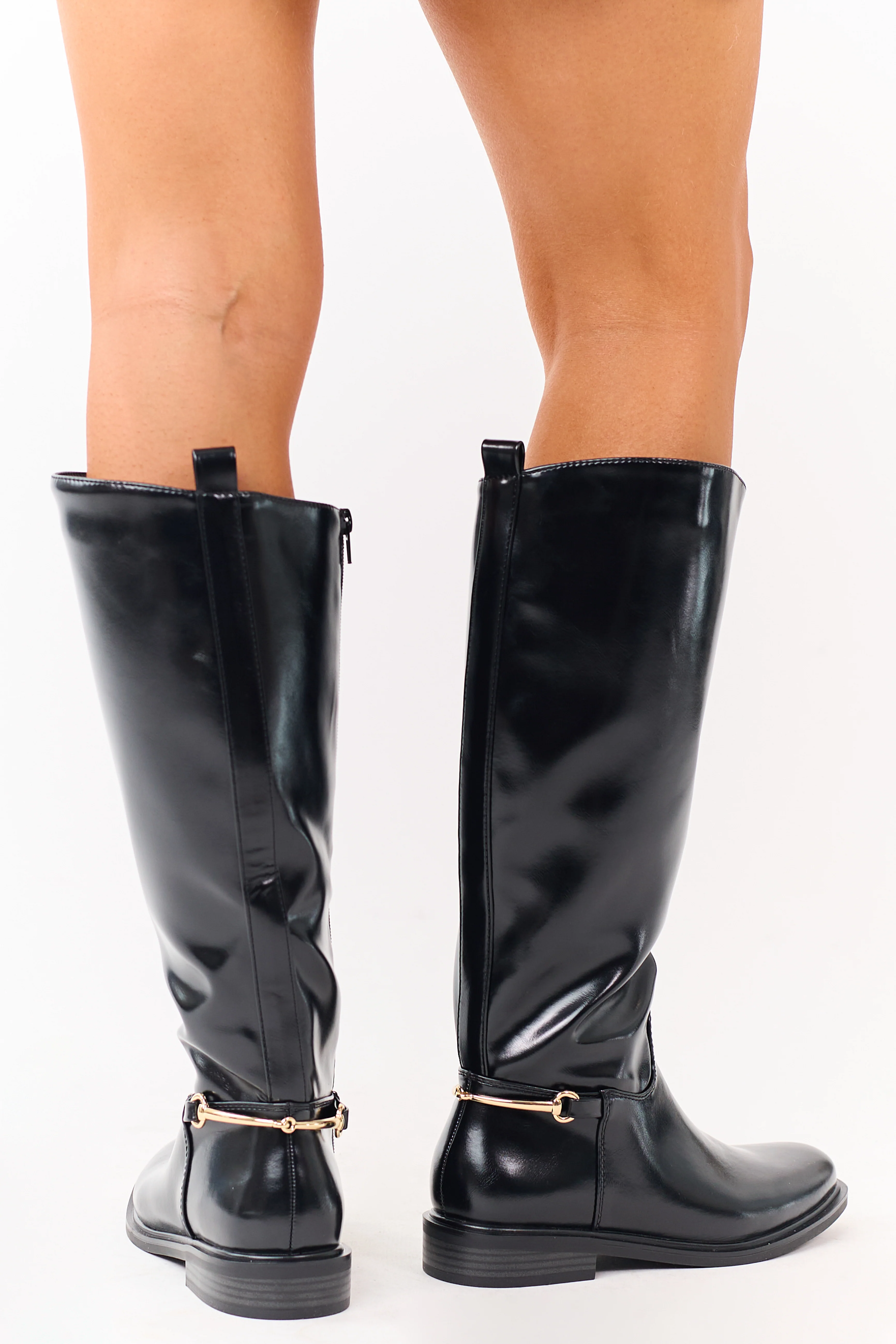 Black Faux Leather Horsebit Detail Tall Riding Boots - Image 6