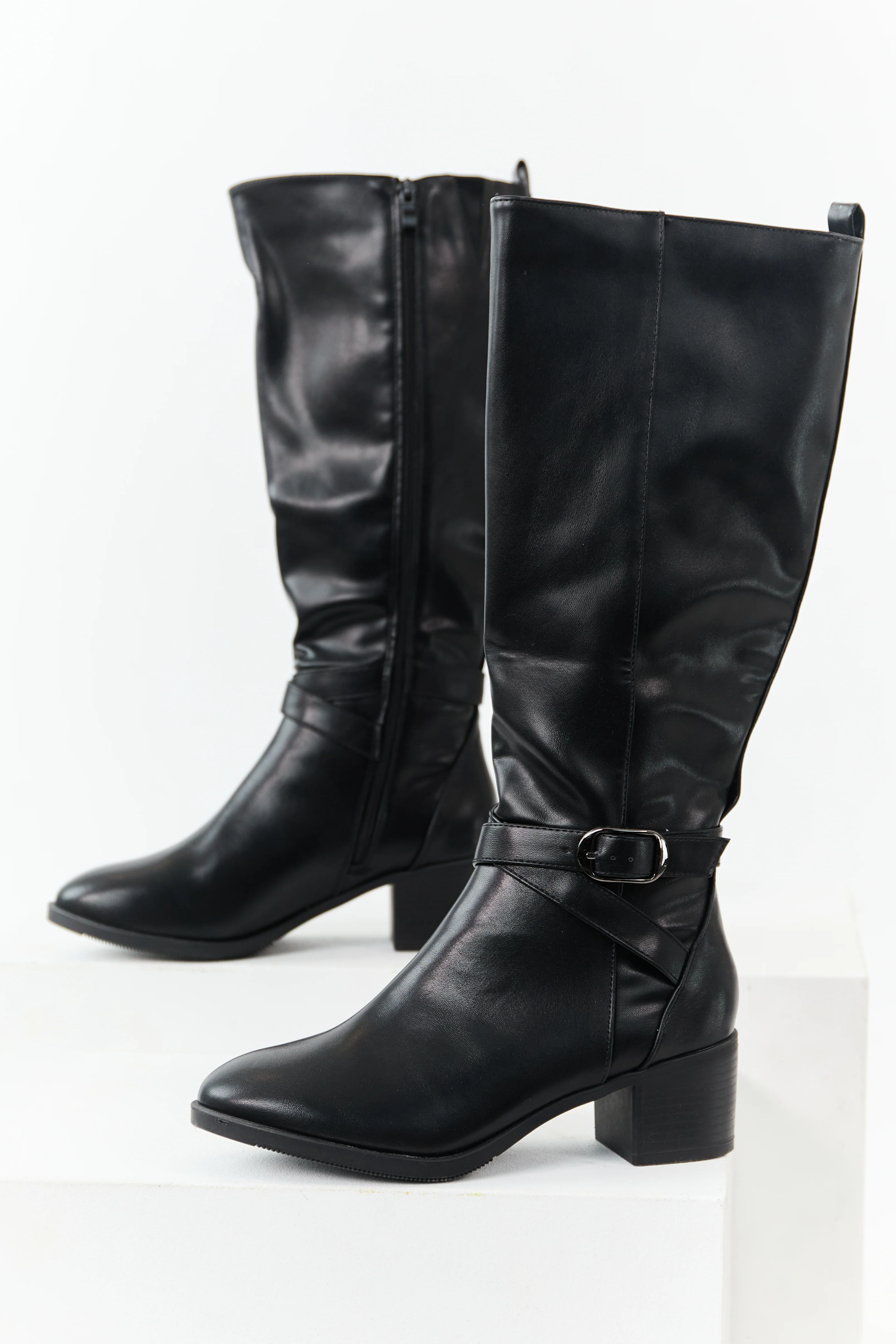 Black Faux Leather Knee High Block Heel Boots