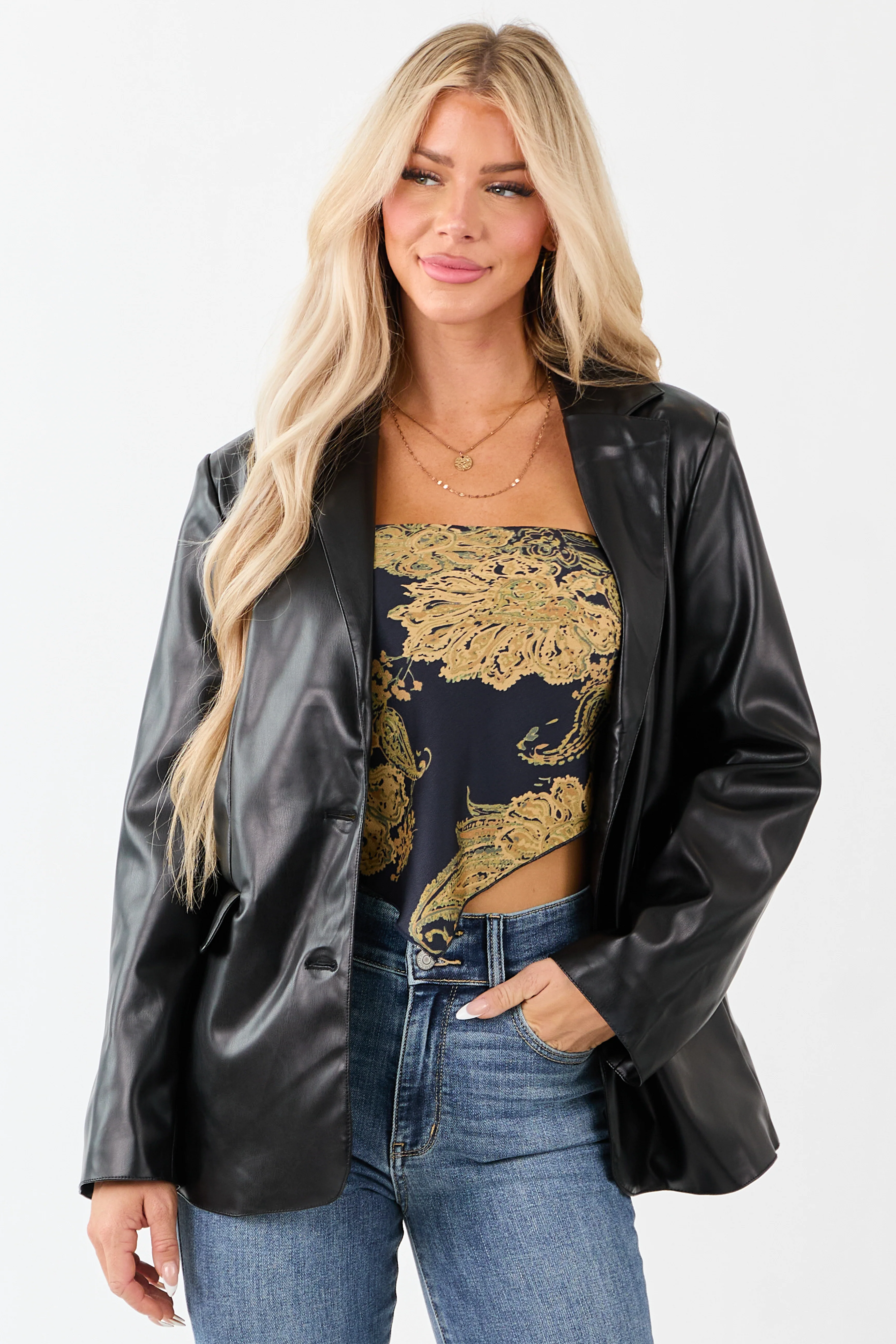 Black Faux Leather Lapel Collar Blazer - Image 3