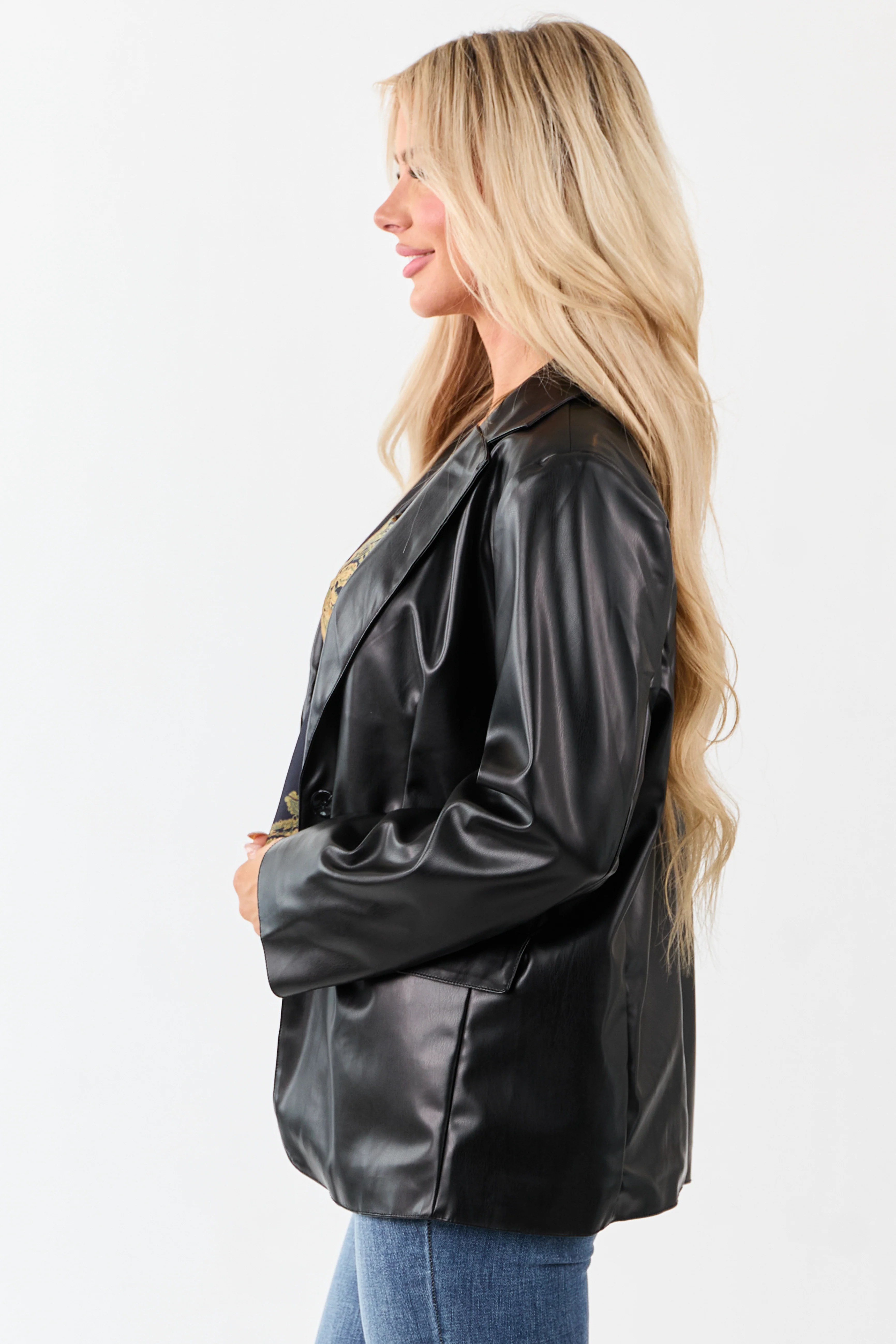 Black Faux Leather Lapel Collar Blazer - Image 4