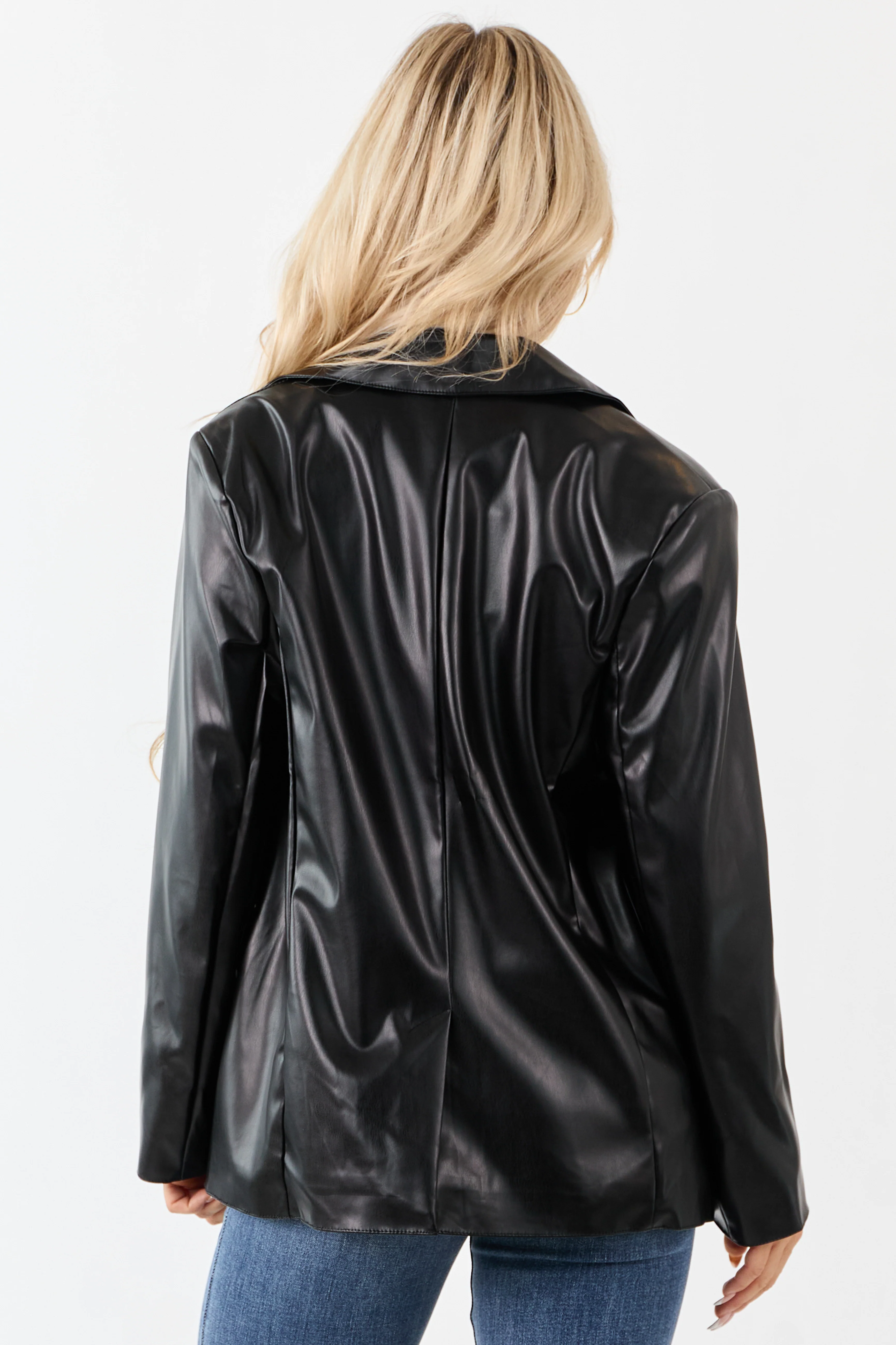 Black Faux Leather Lapel Collar Blazer - Image 5