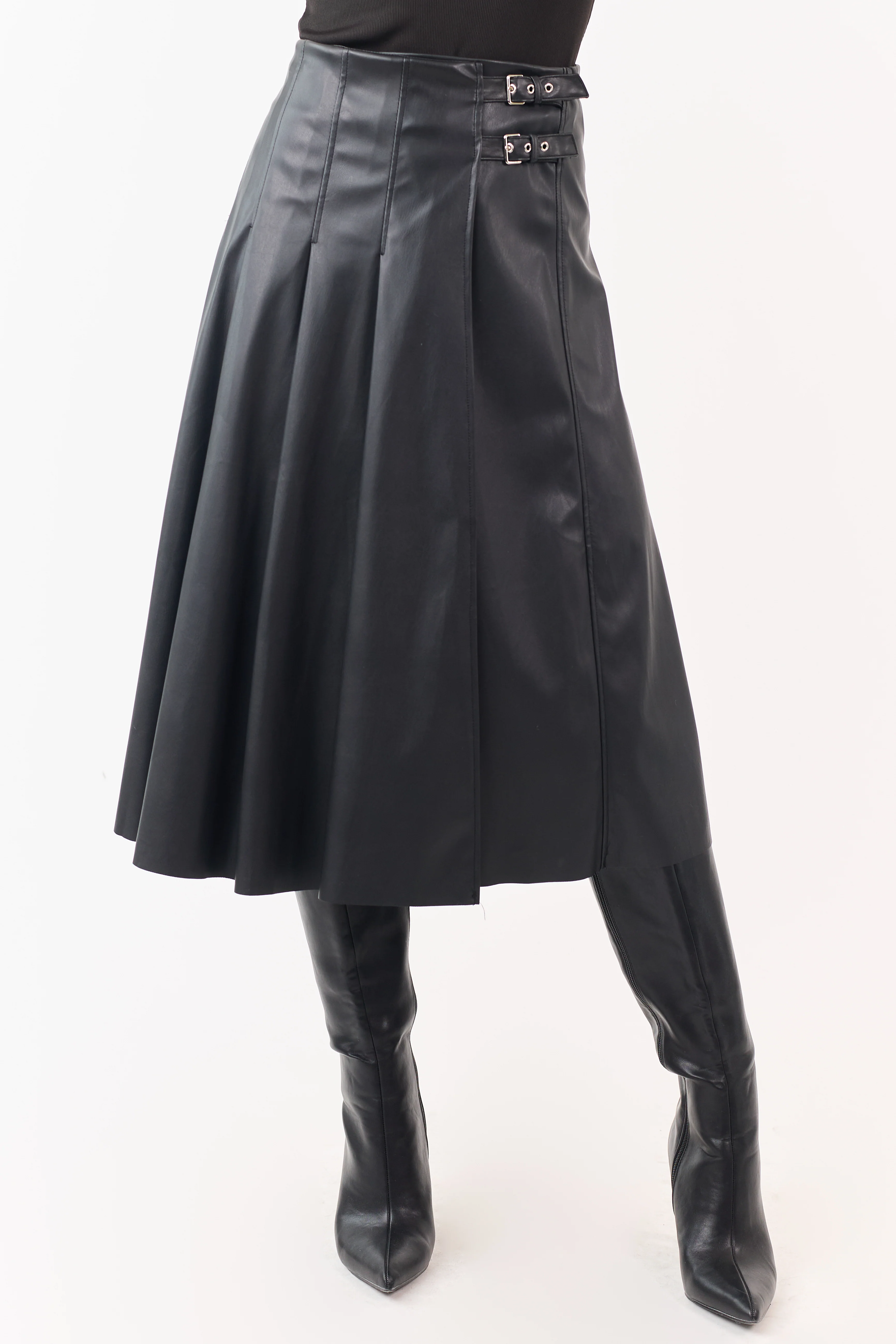 Black Faux Leather Pleated Wrap Style Midi Skirt - Image 2