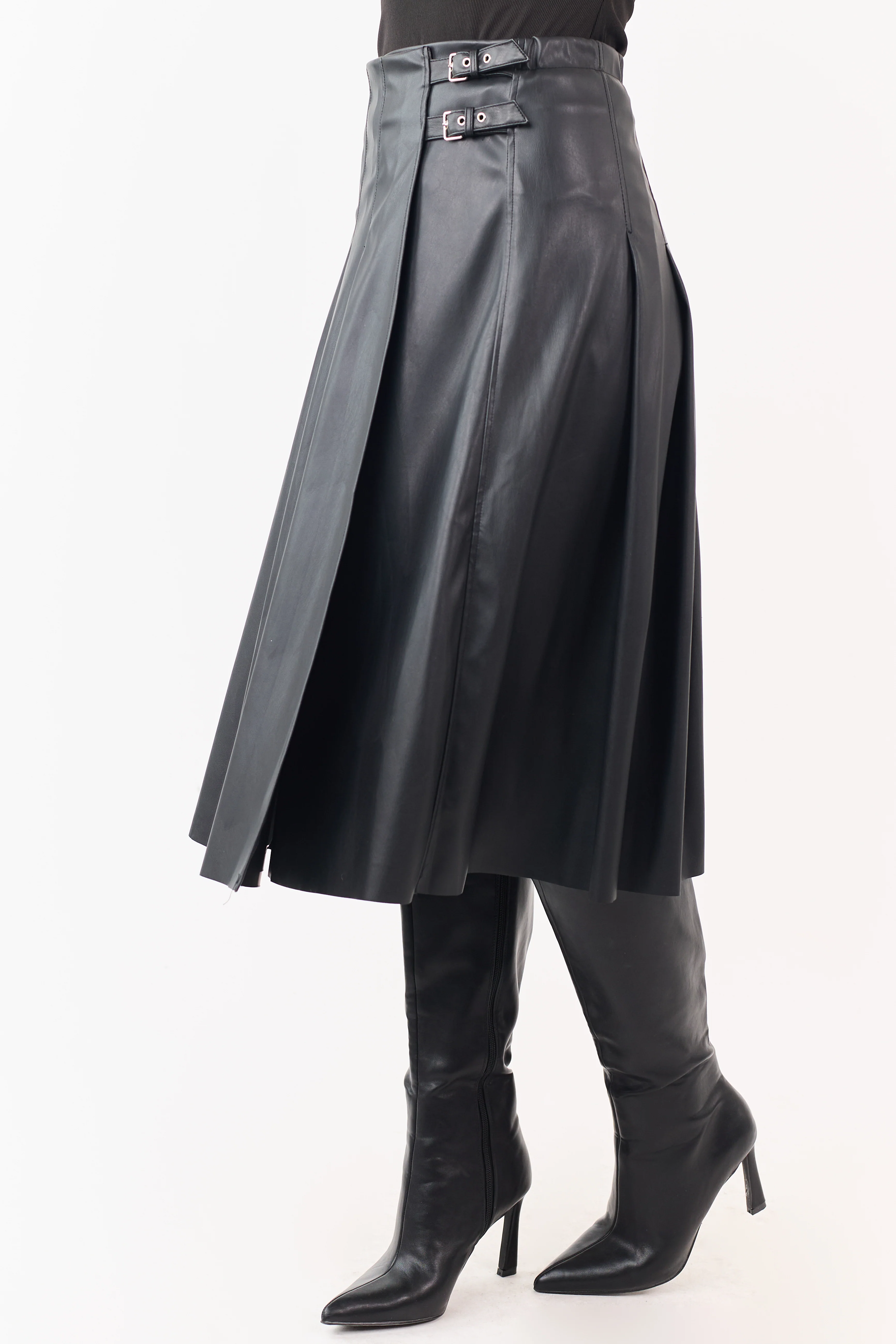 Black Faux Leather Pleated Wrap Style Midi Skirt - Image 3