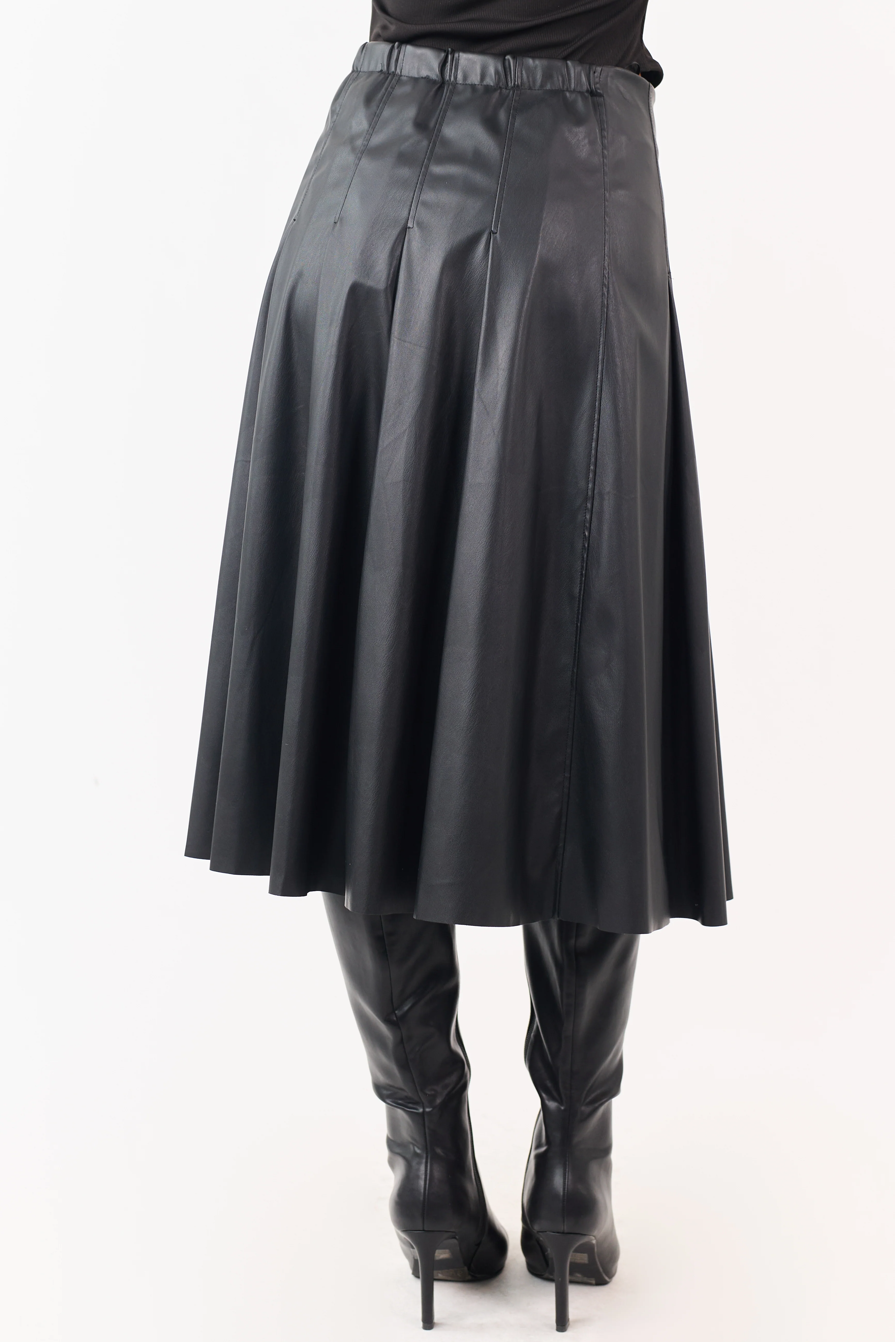 Black Faux Leather Pleated Wrap Style Midi Skirt - Image 4