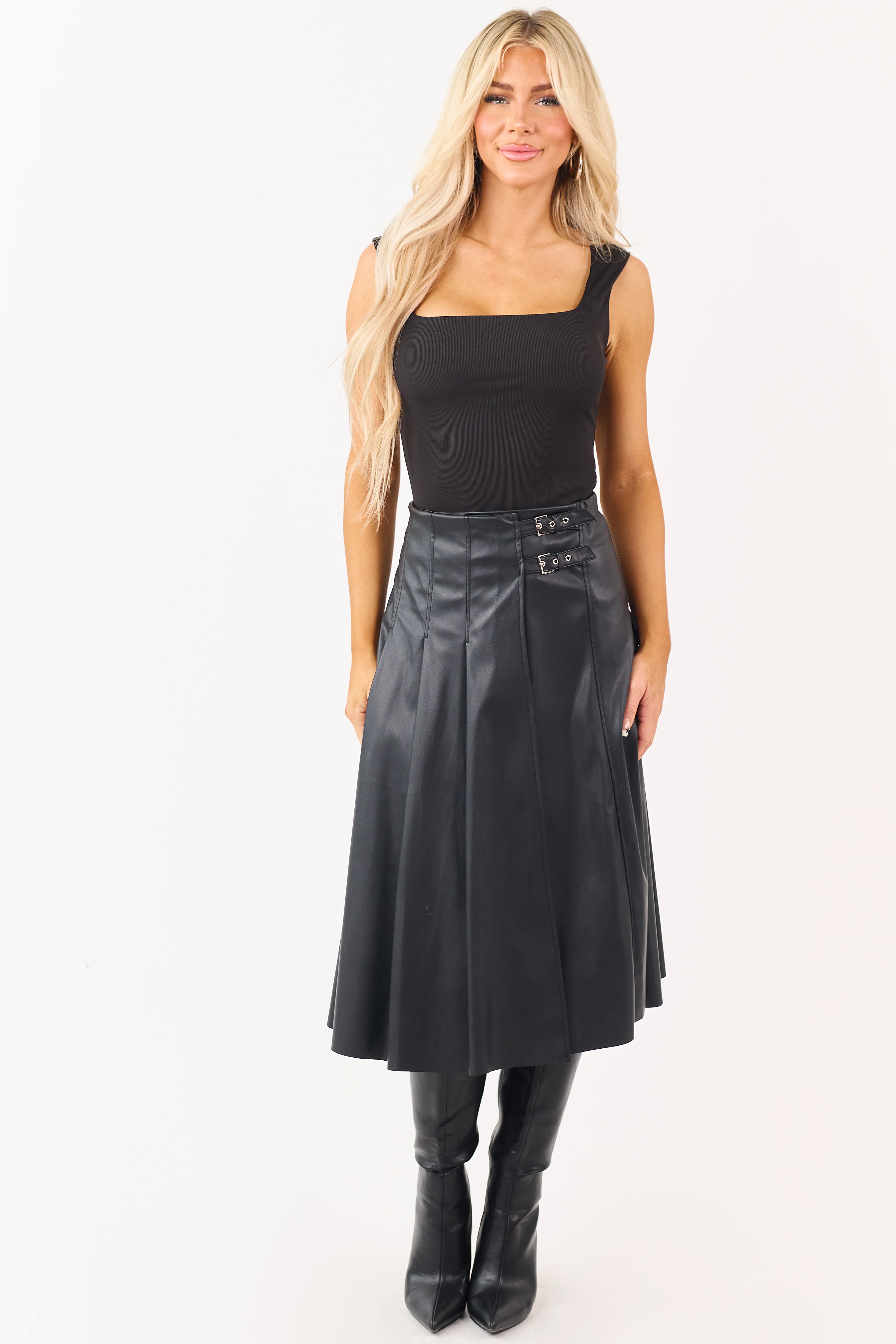 Black Faux Leather Pleated Wrap Style Midi Skirt - Image 5