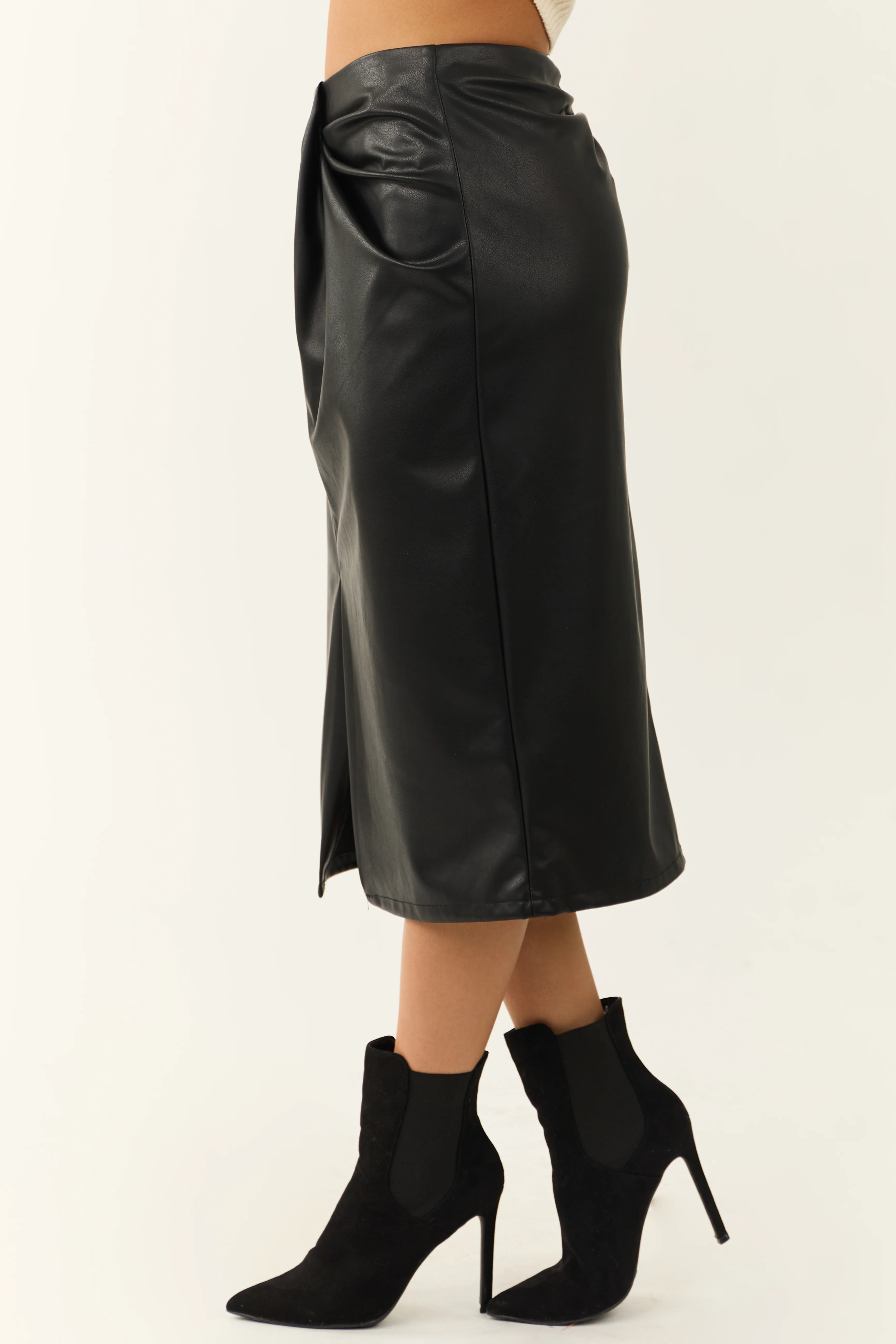 Black Faux Leather Pleating Detail Midi Skirt - Image 3