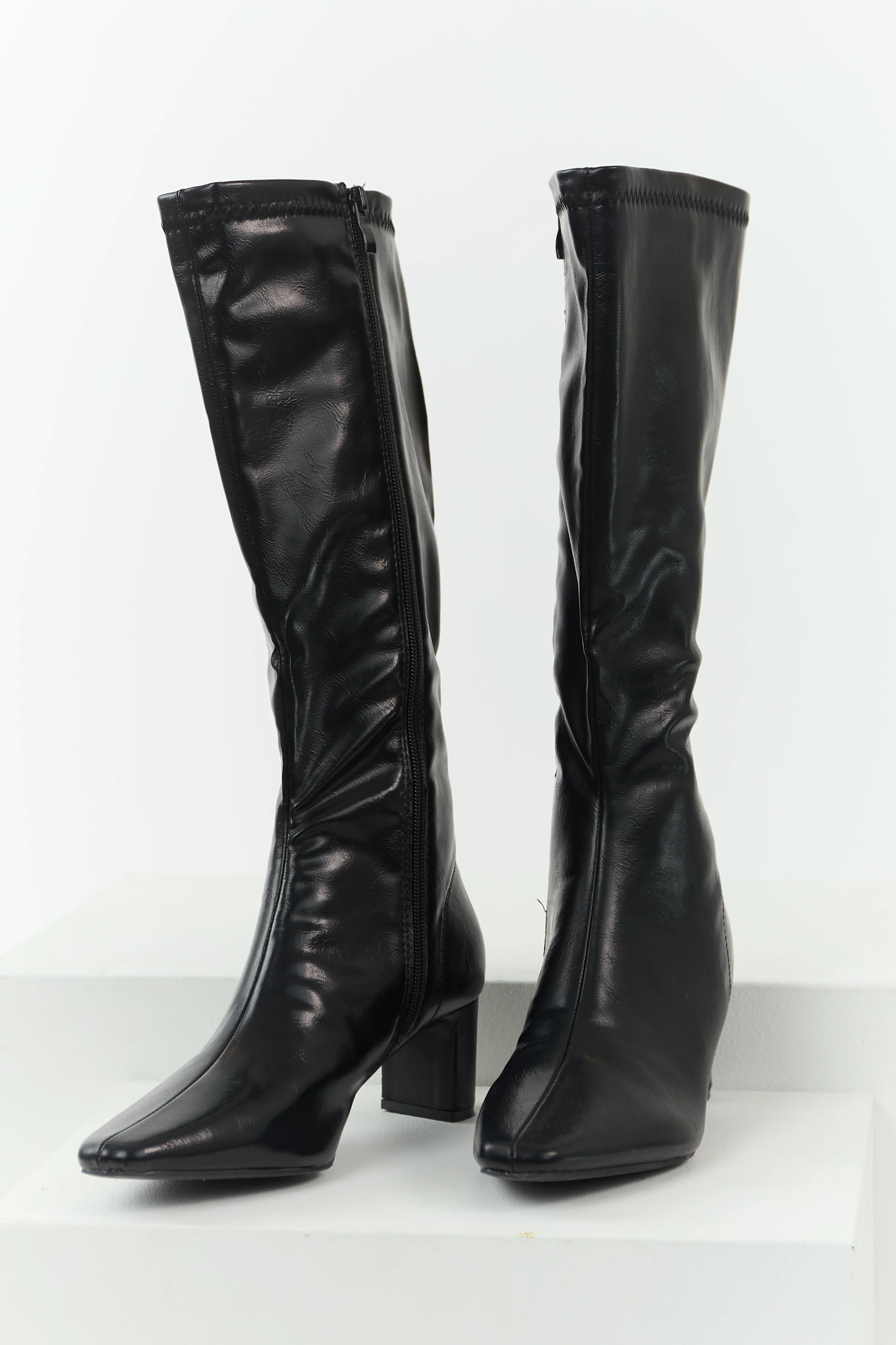 Black Faux Leather Pointed Toe Tall Block Heel Boots - Image 4