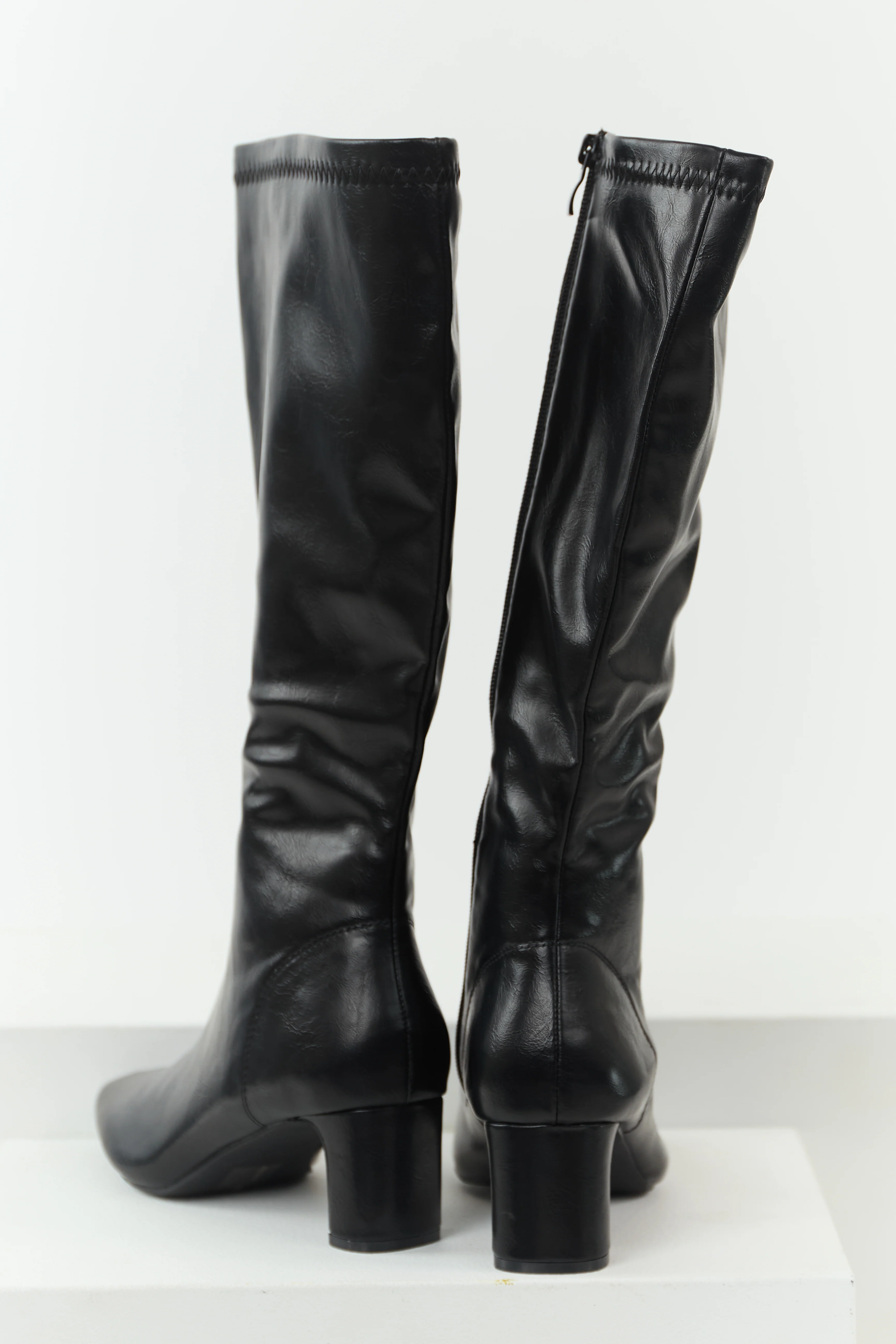 Black Faux Leather Pointed Toe Tall Block Heel Boots - Image 5