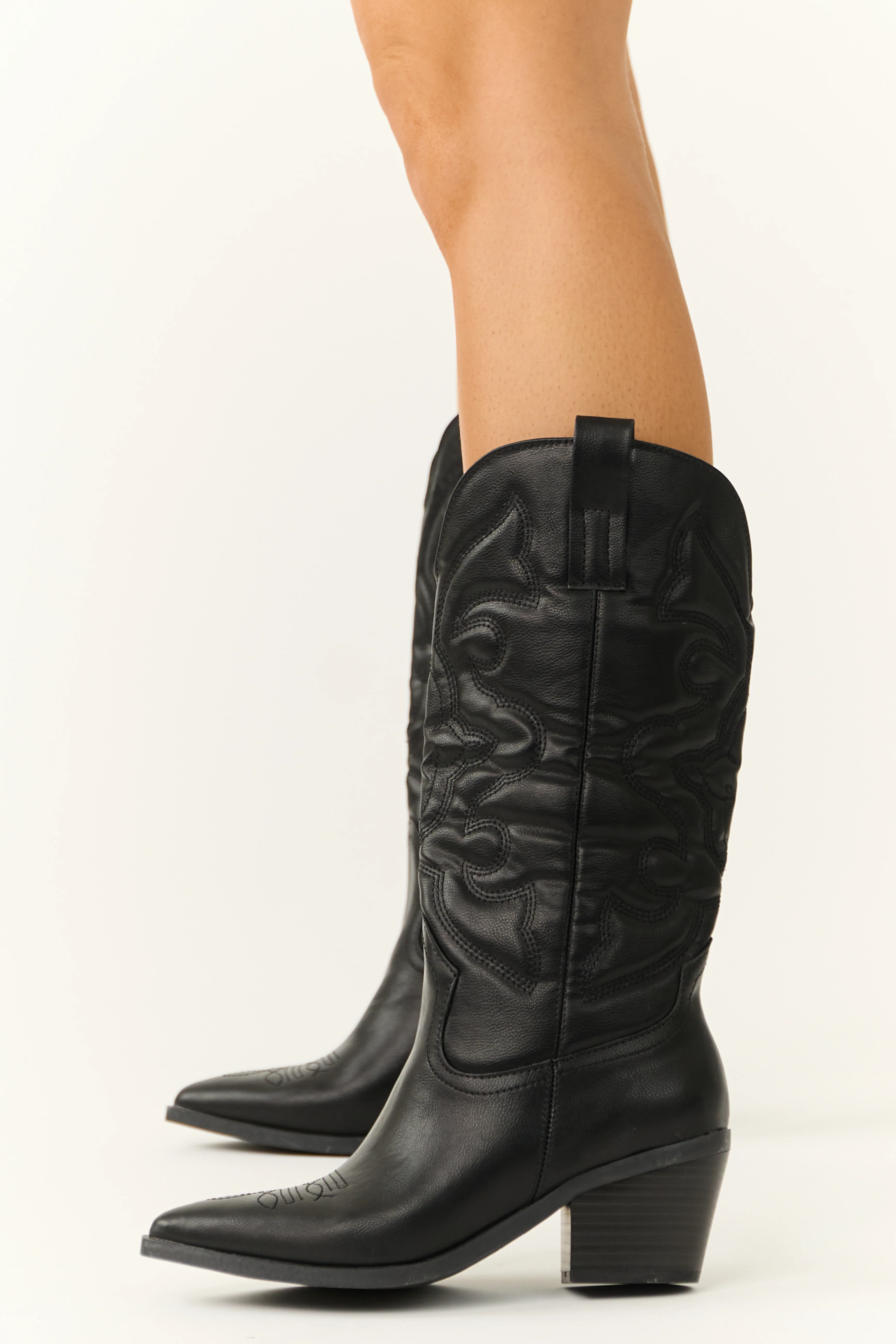 Black Faux Leather Pointed Toe Western Boots - Image 6
