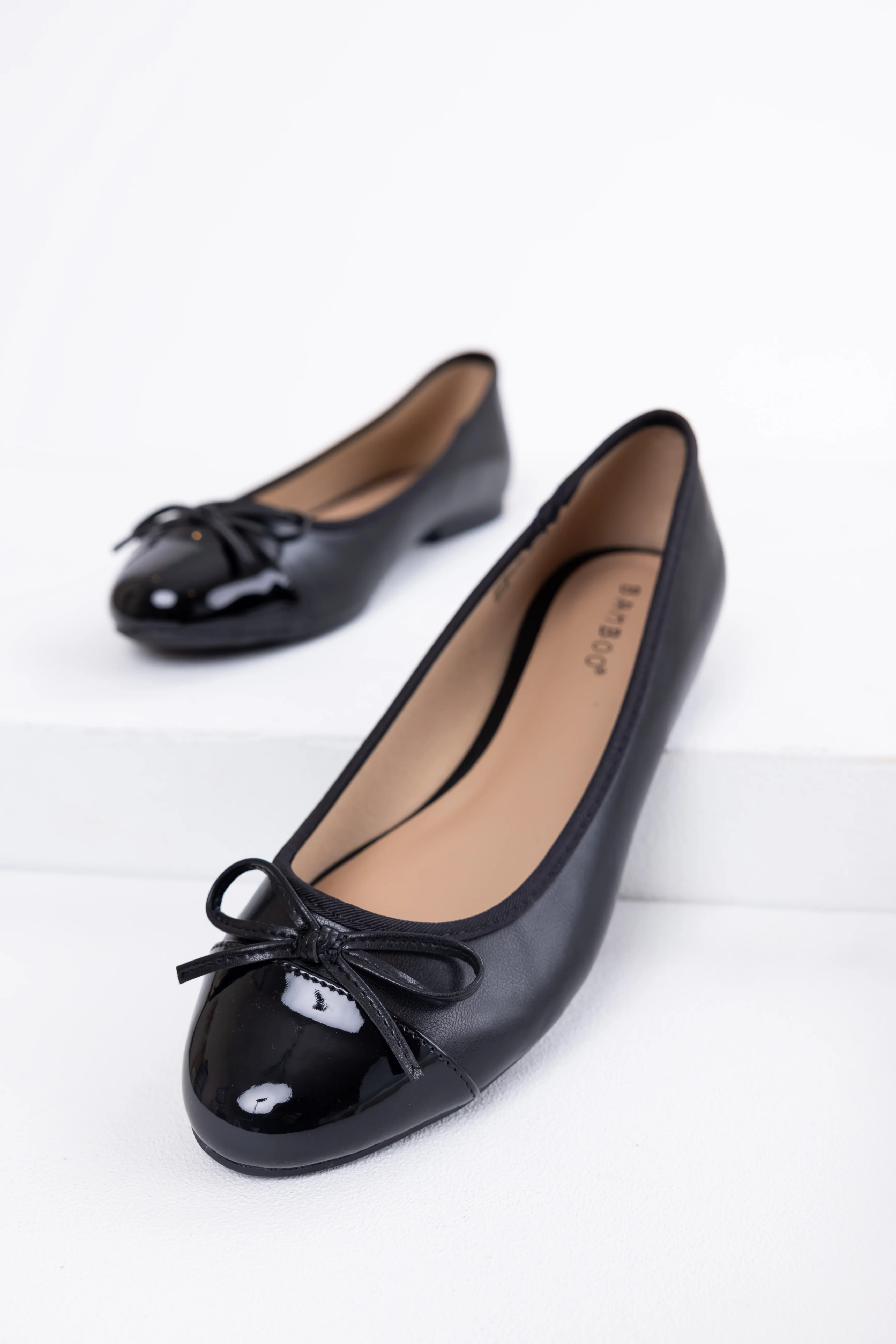 Black Faux Leather Shiny Toe Ballerina Flats - Image 3