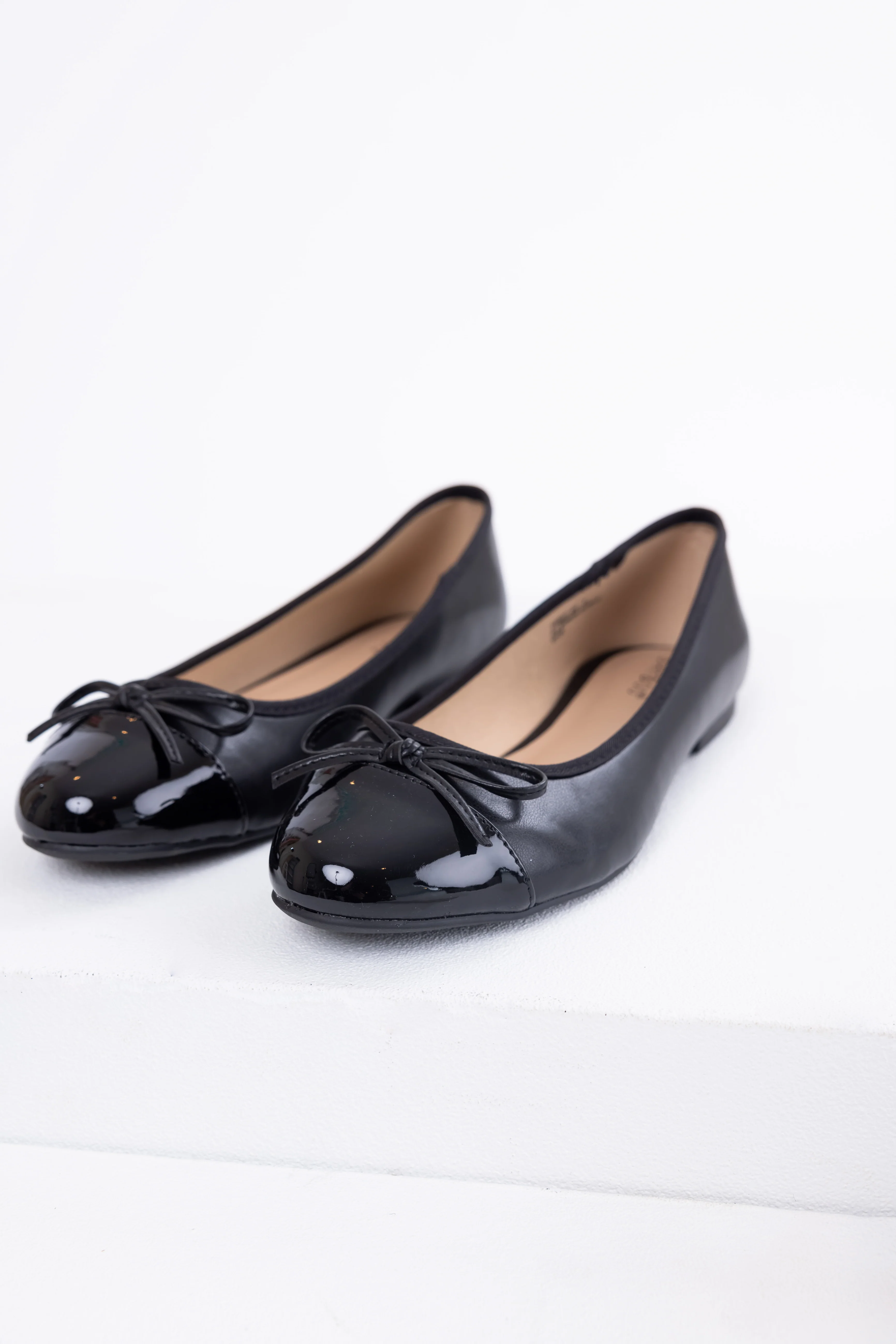 Black Faux Leather Shiny Toe Ballerina Flats - Image 4