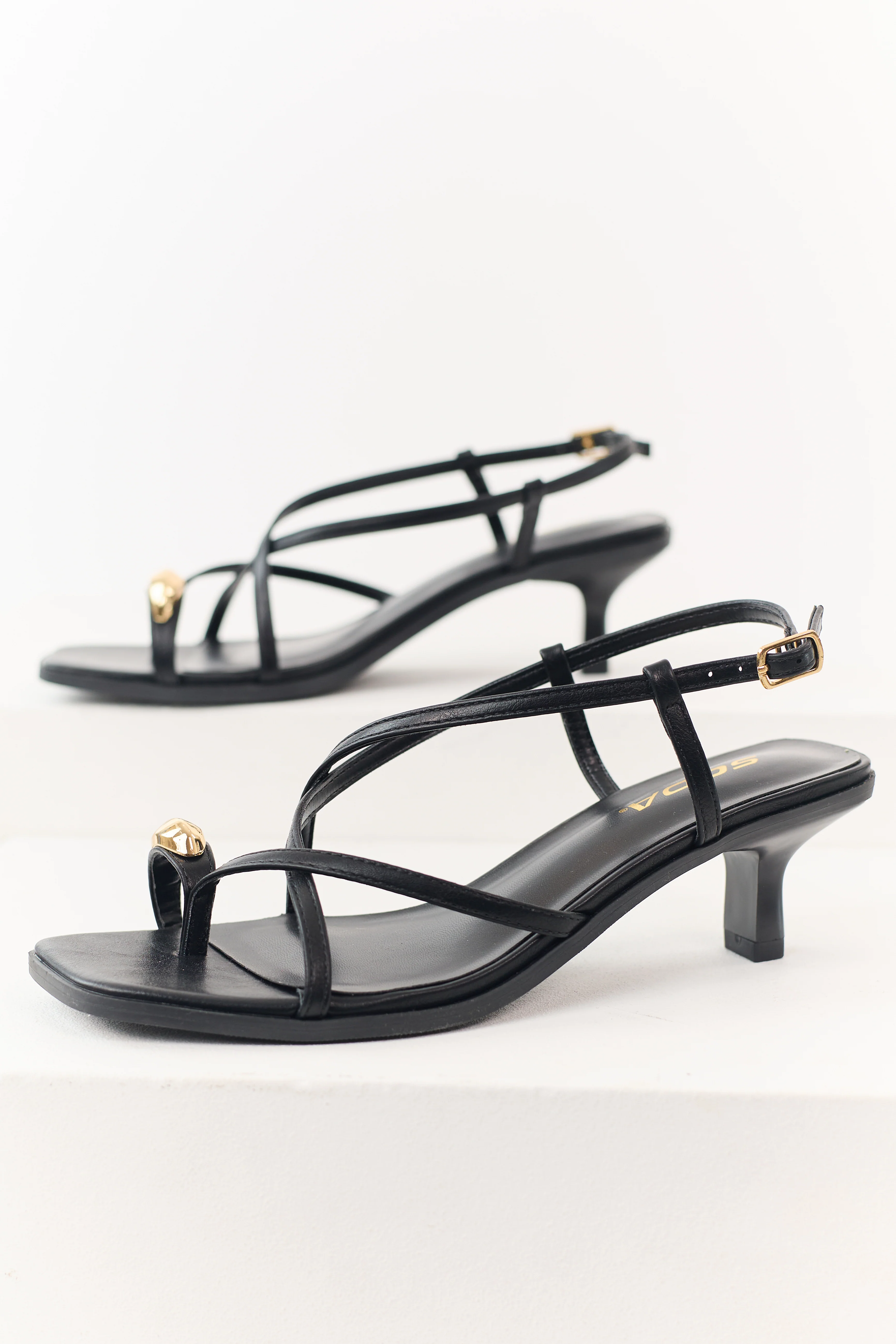 Black Faux Leather Square Toe Strappy Kitten Heels - Image 2