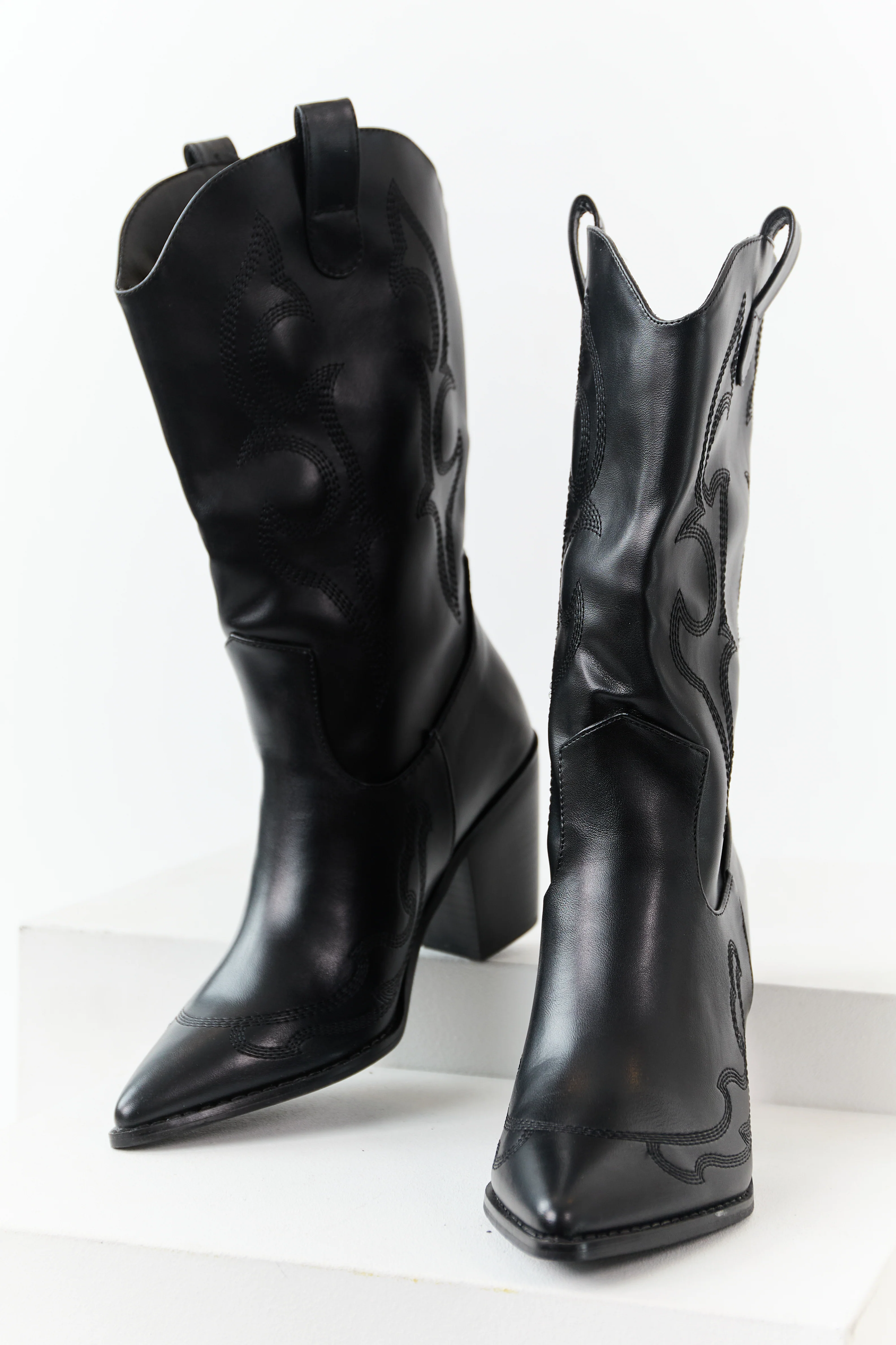 Black Faux Leather Stacked Heel Cowboy Boots - Image 2