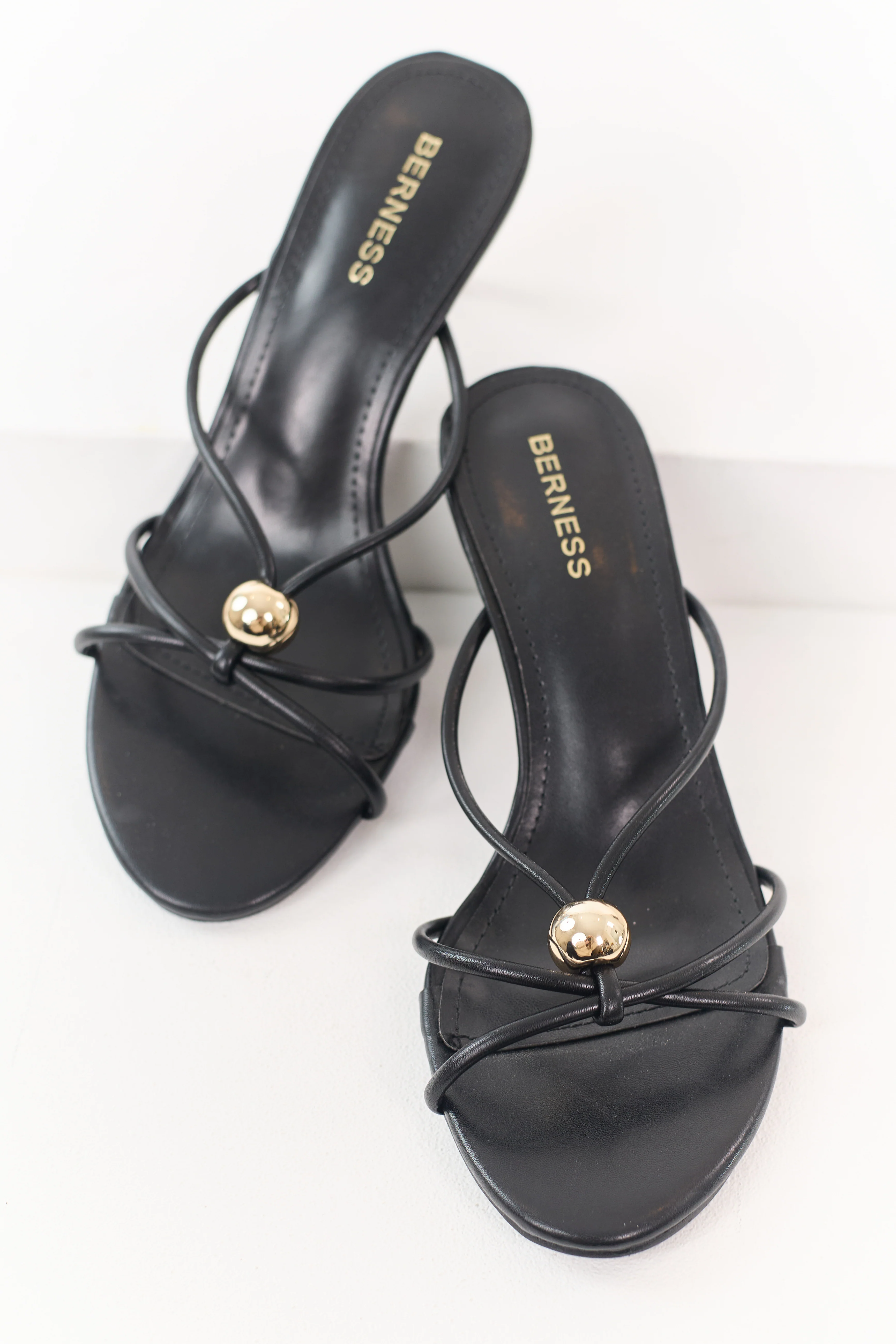 Black Faux Leather Strappy Stiletto Kitten Heels
