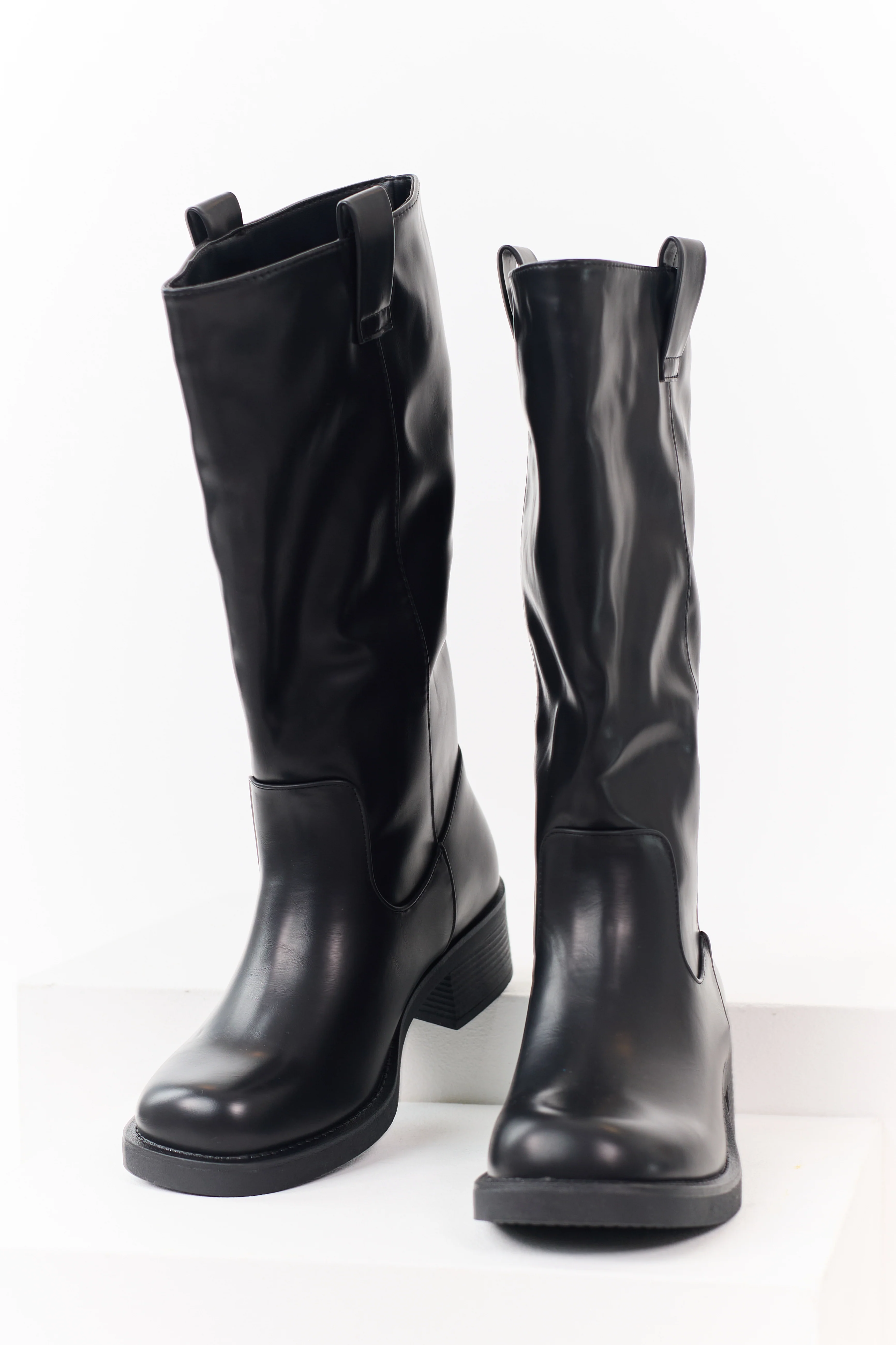 Black Faux Leather Tall Stacked Heel Boots - Image 2