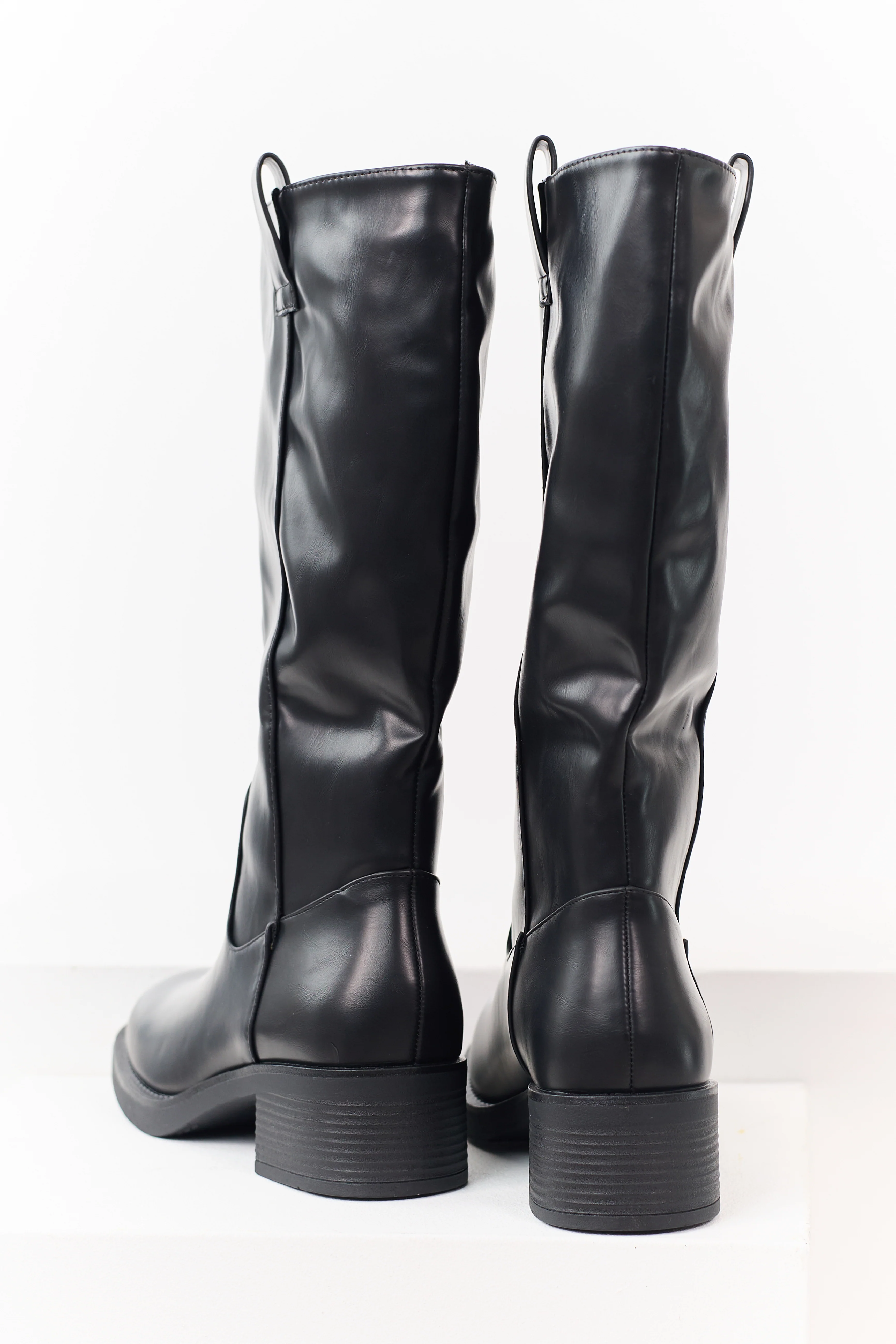 Black Faux Leather Tall Stacked Heel Boots - Image 3