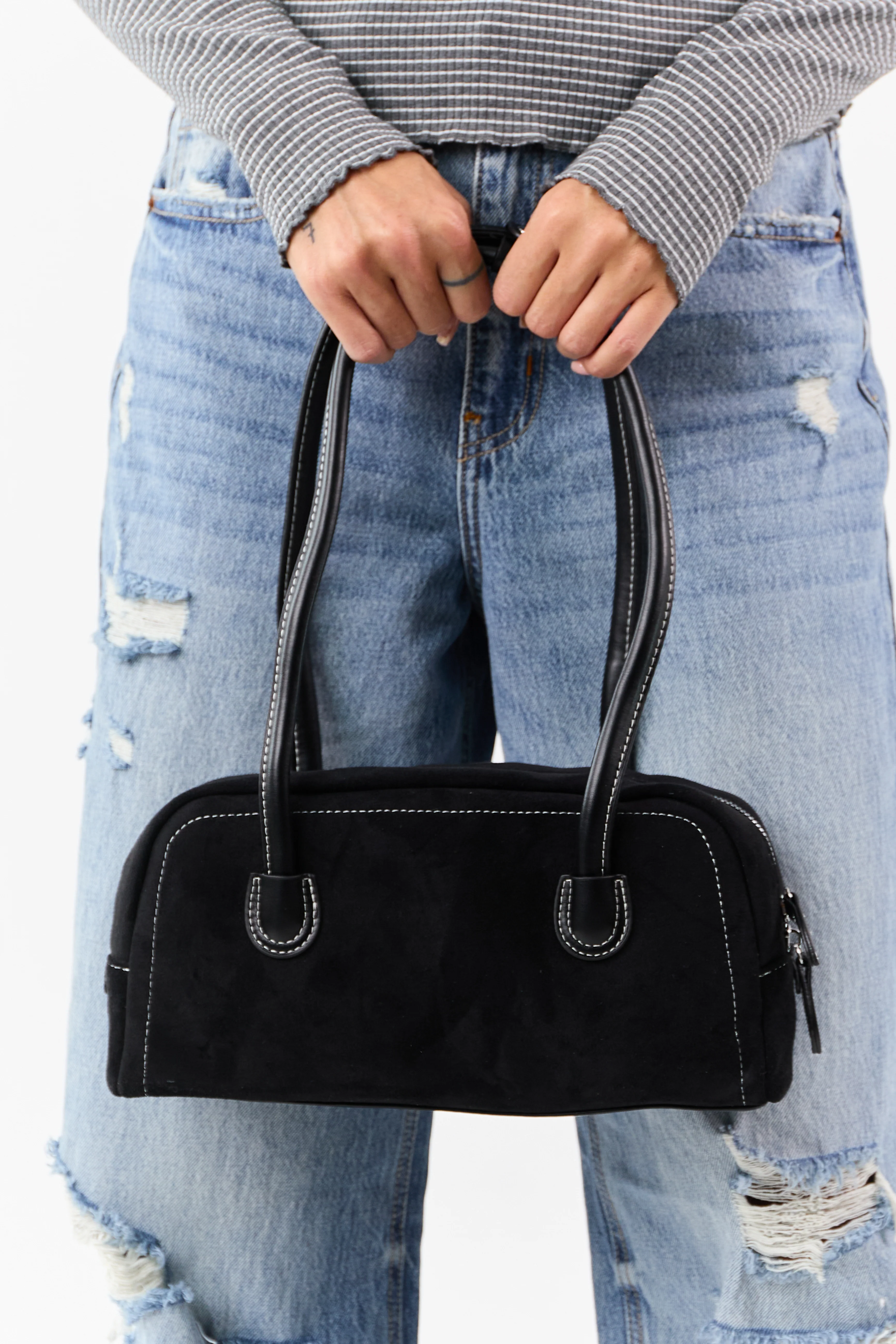 Black Faux Suede Baguette Handbag - Image 2