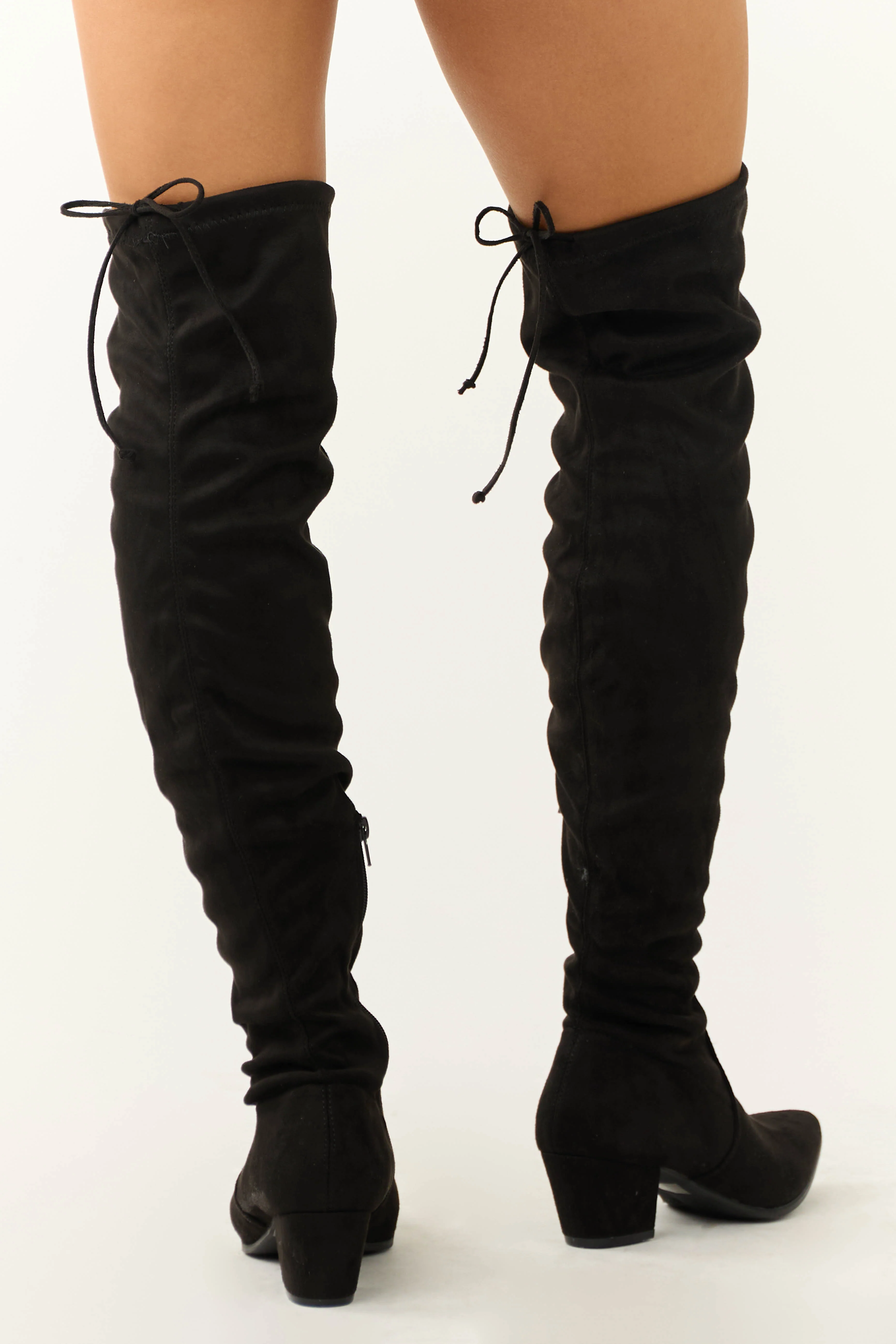 Black Faux Suede Drawstring Thigh High Boots - Image 3