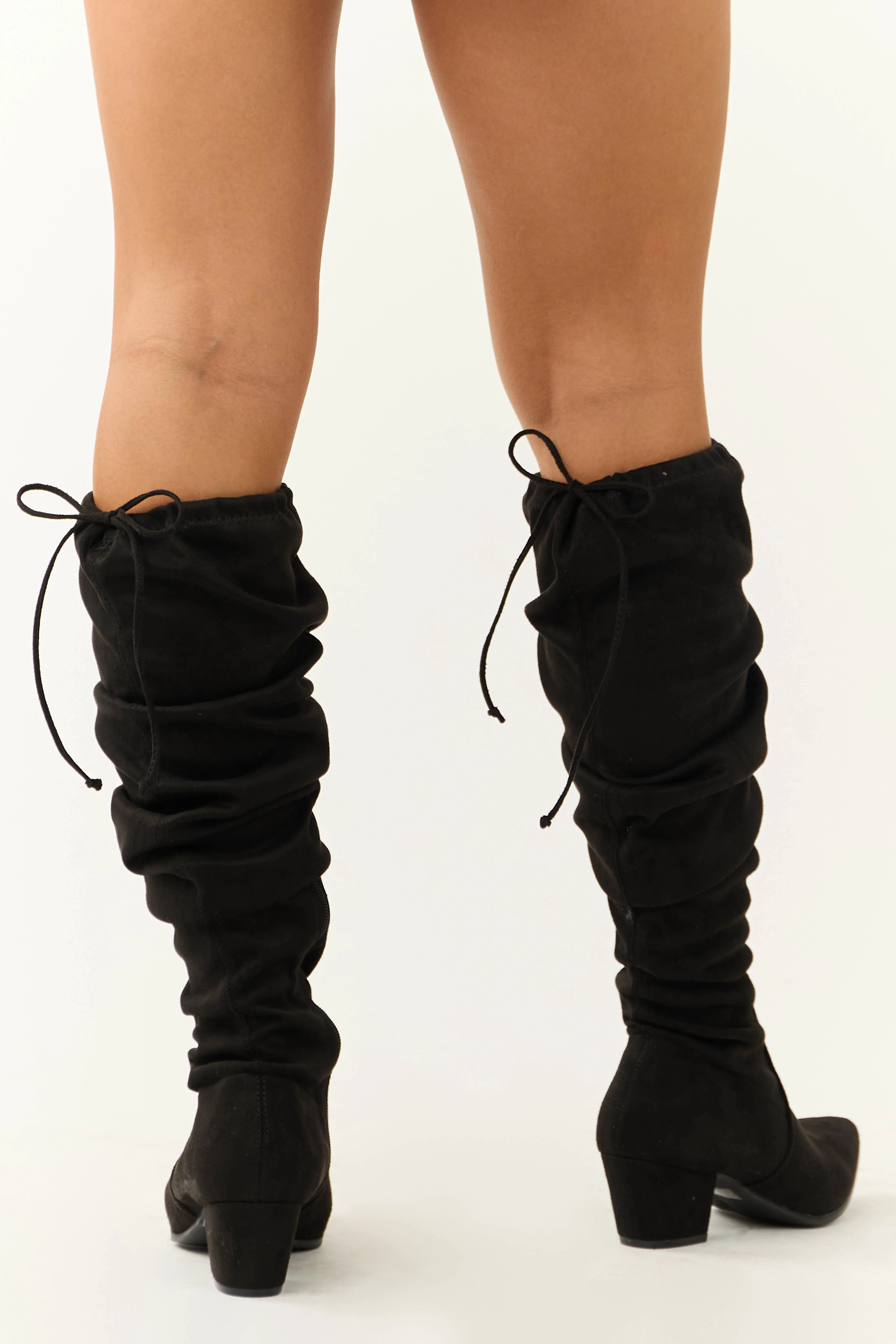 Black Faux Suede Drawstring Thigh High Boots - Image 6
