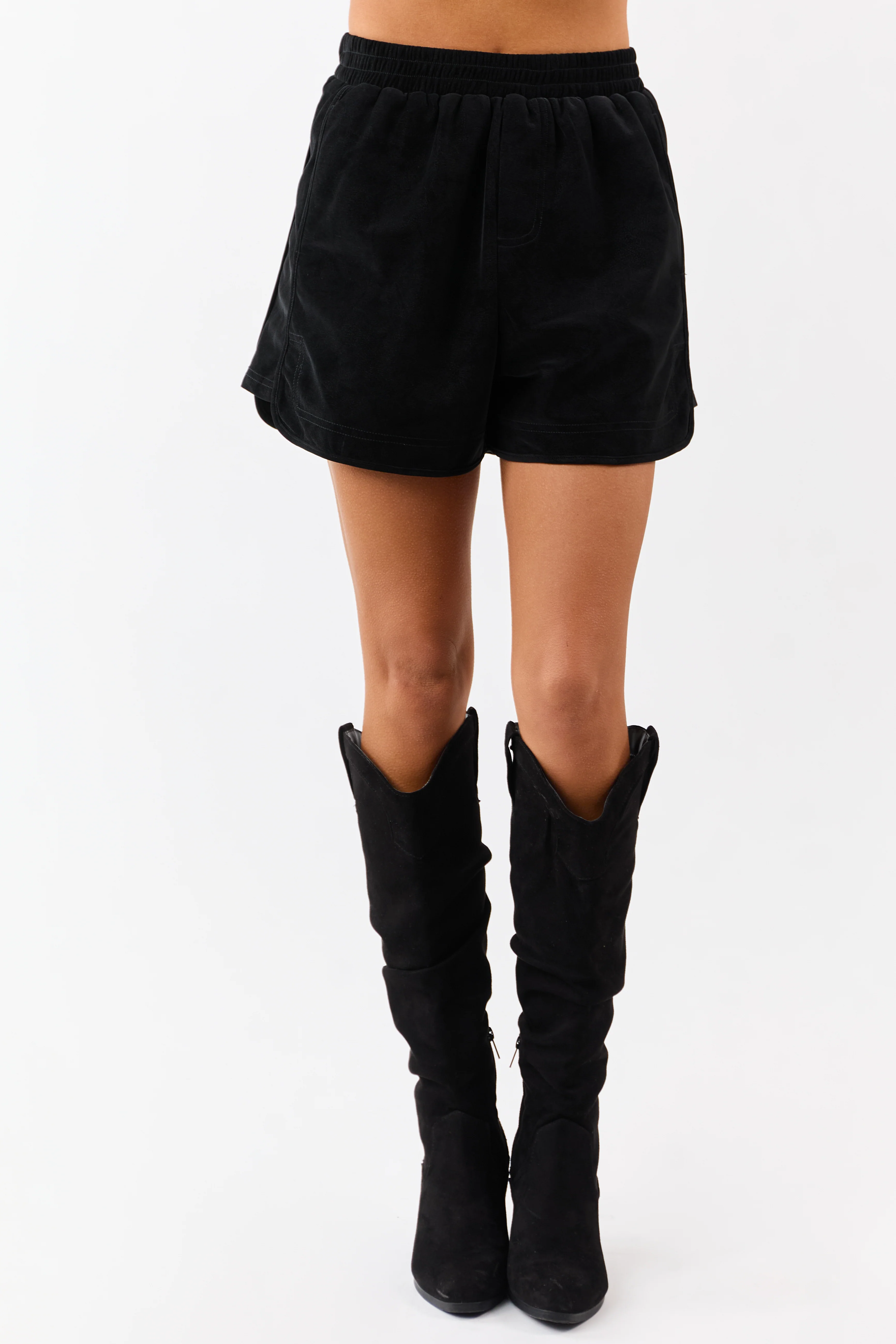 Black Faux Suede Elastic Waist Lined Shorts - Image 2