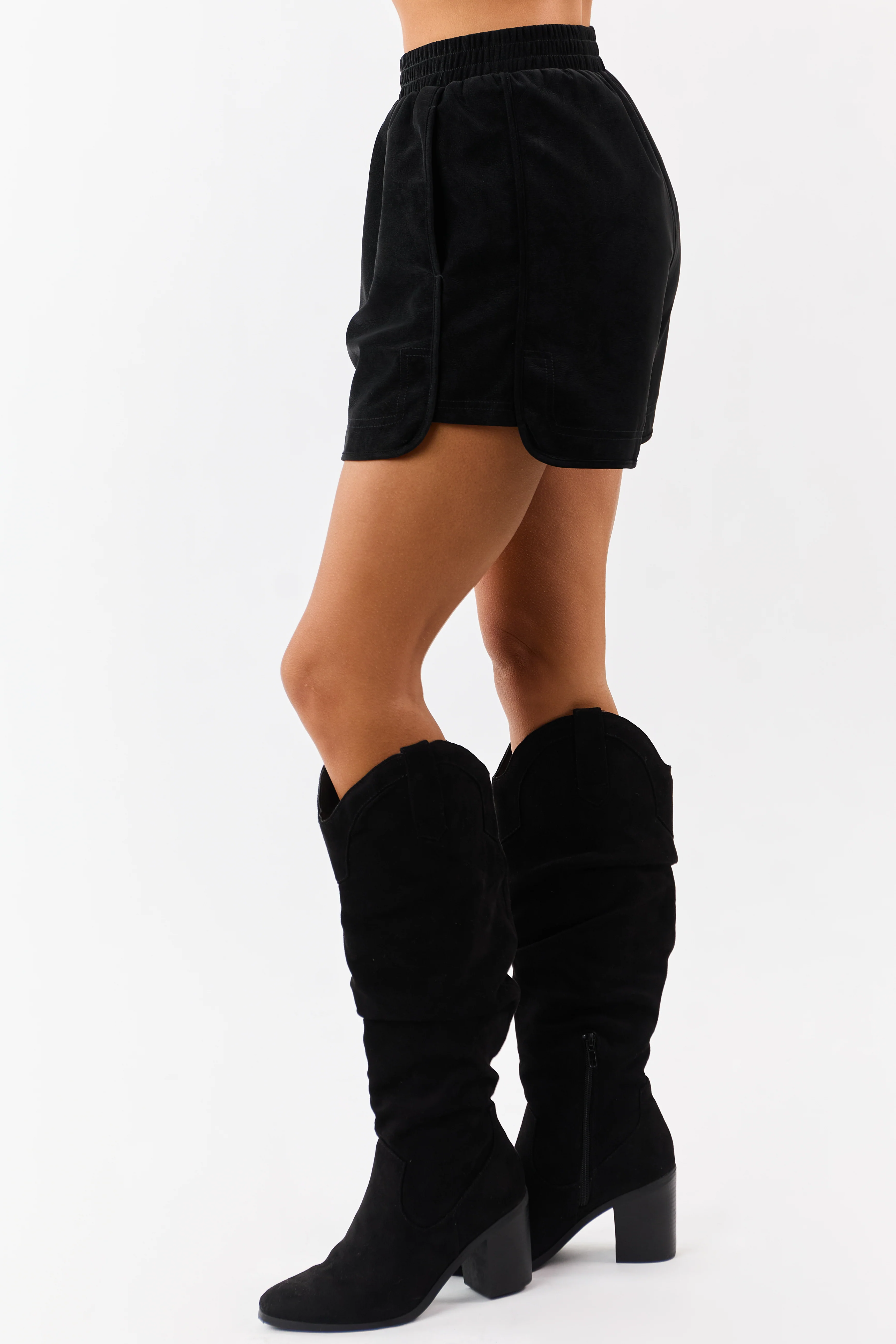 Black Faux Suede Elastic Waist Lined Shorts - Image 3
