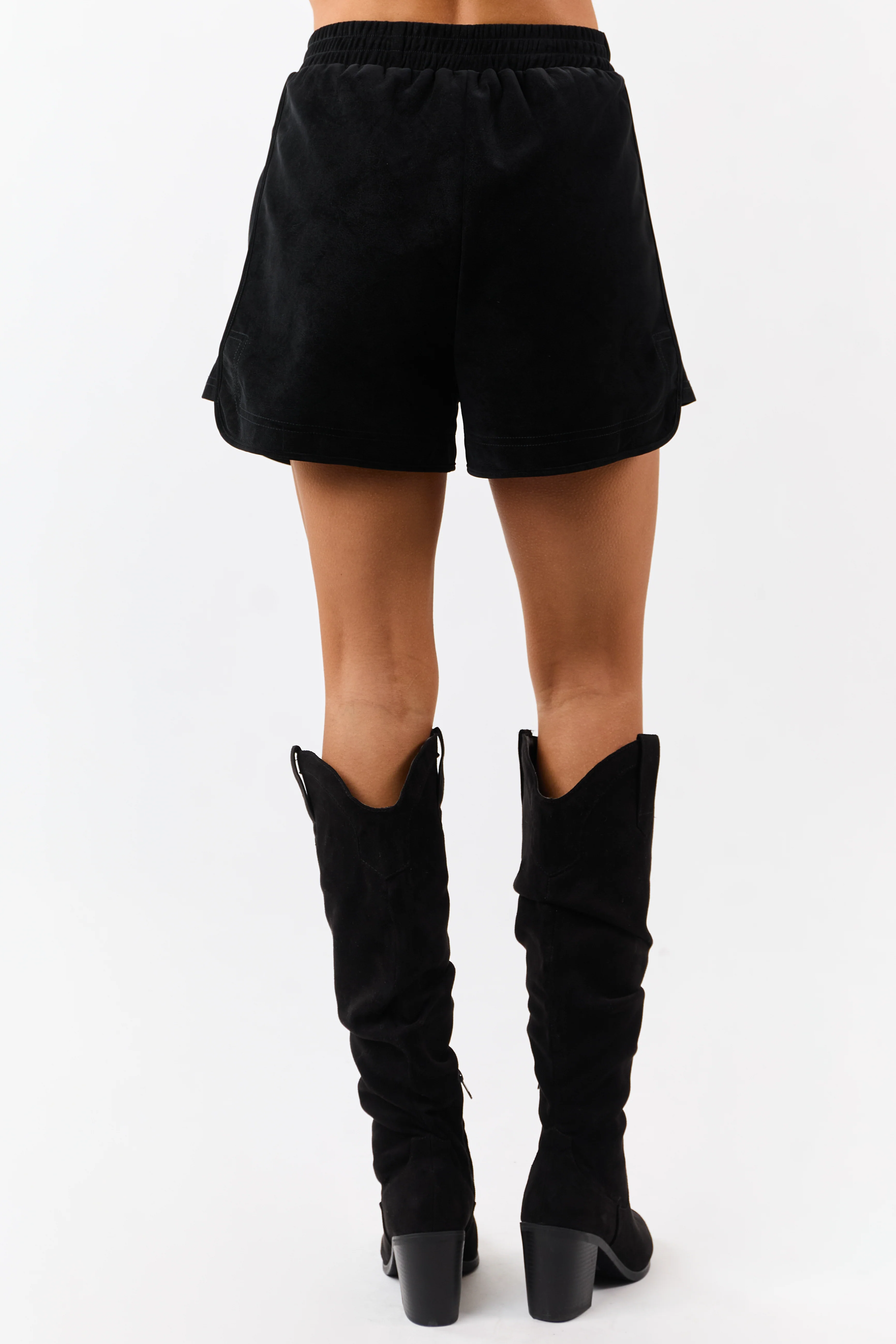 Black Faux Suede Elastic Waist Lined Shorts - Image 4