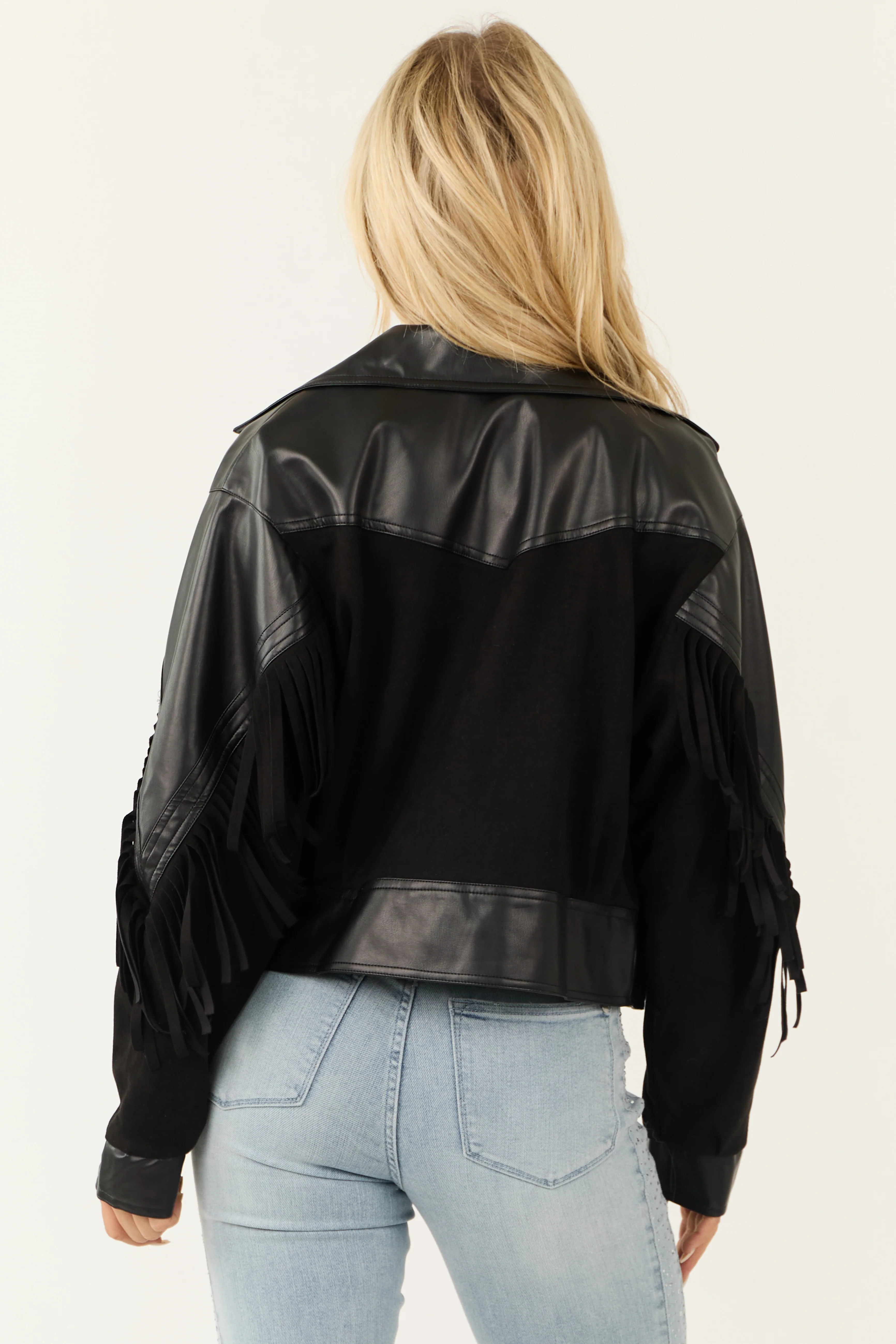 Black Faux Suede Fringe Detail Button Up Jacket - Image 5