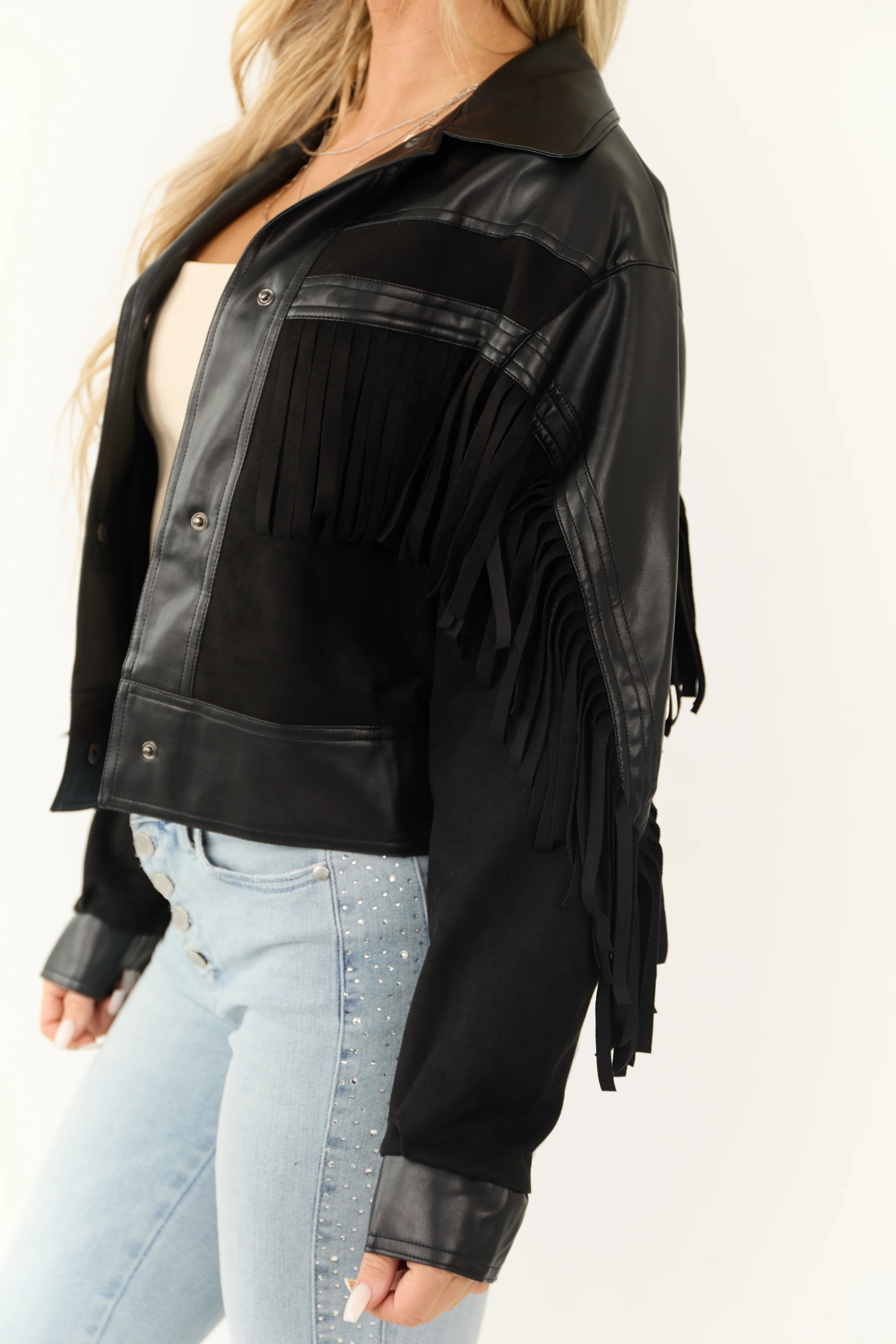 Black Faux Suede Fringe Detail Button Up Jacket - Image 6