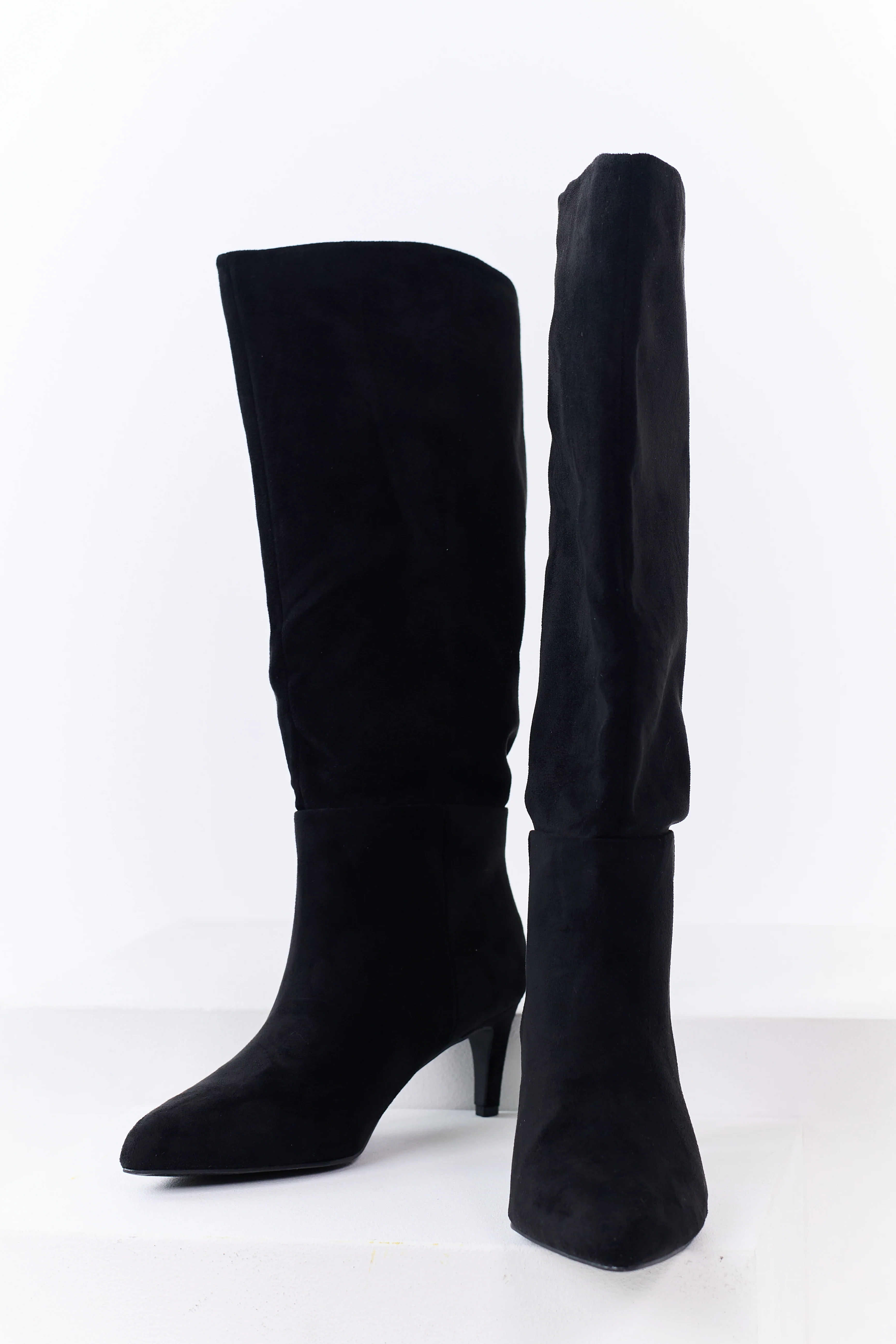 Black Faux Suede Pointed Toe Heeled Tall Boots - Image 2