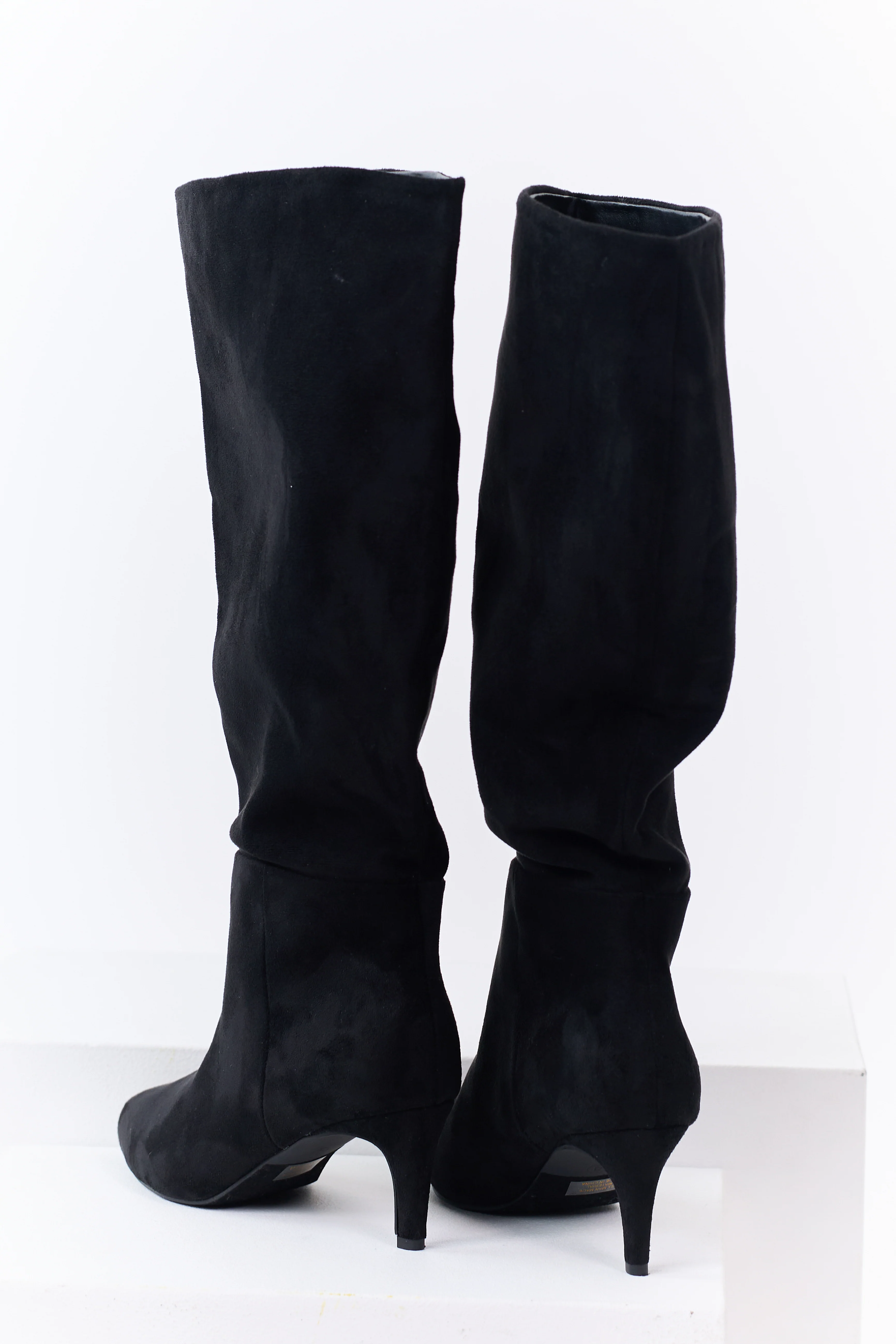 Black Faux Suede Pointed Toe Heeled Tall Boots - Image 3